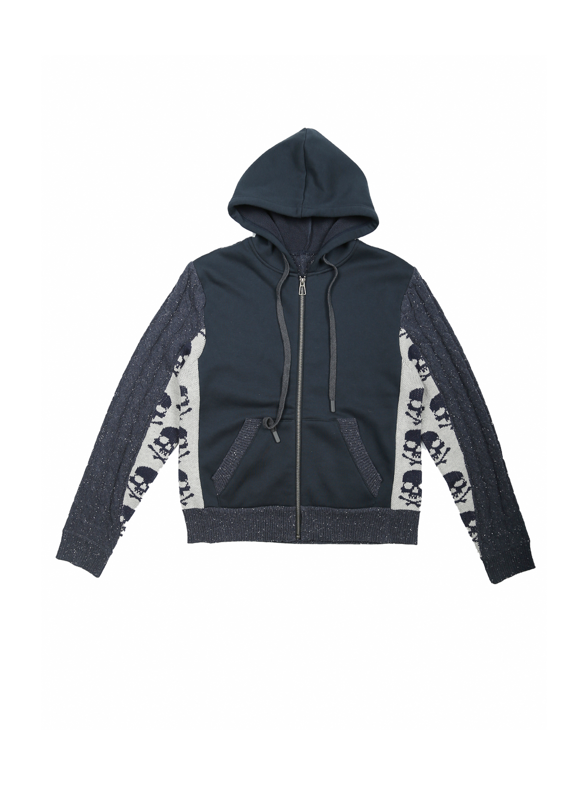 TRECLUB Skull Graphic Spliced Zip-Up Knit Hoodie