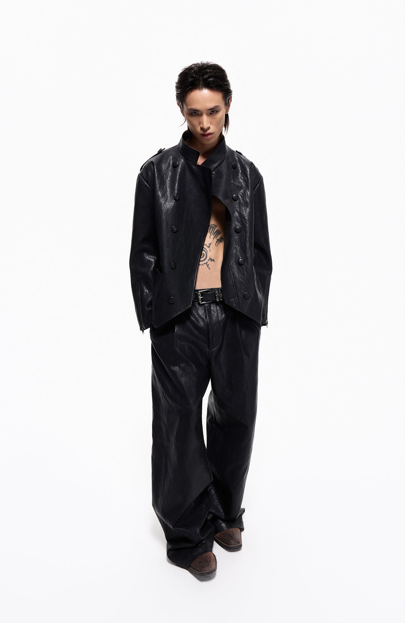 2000RSK Napoleon-Button Faux Leather Knight Jacket