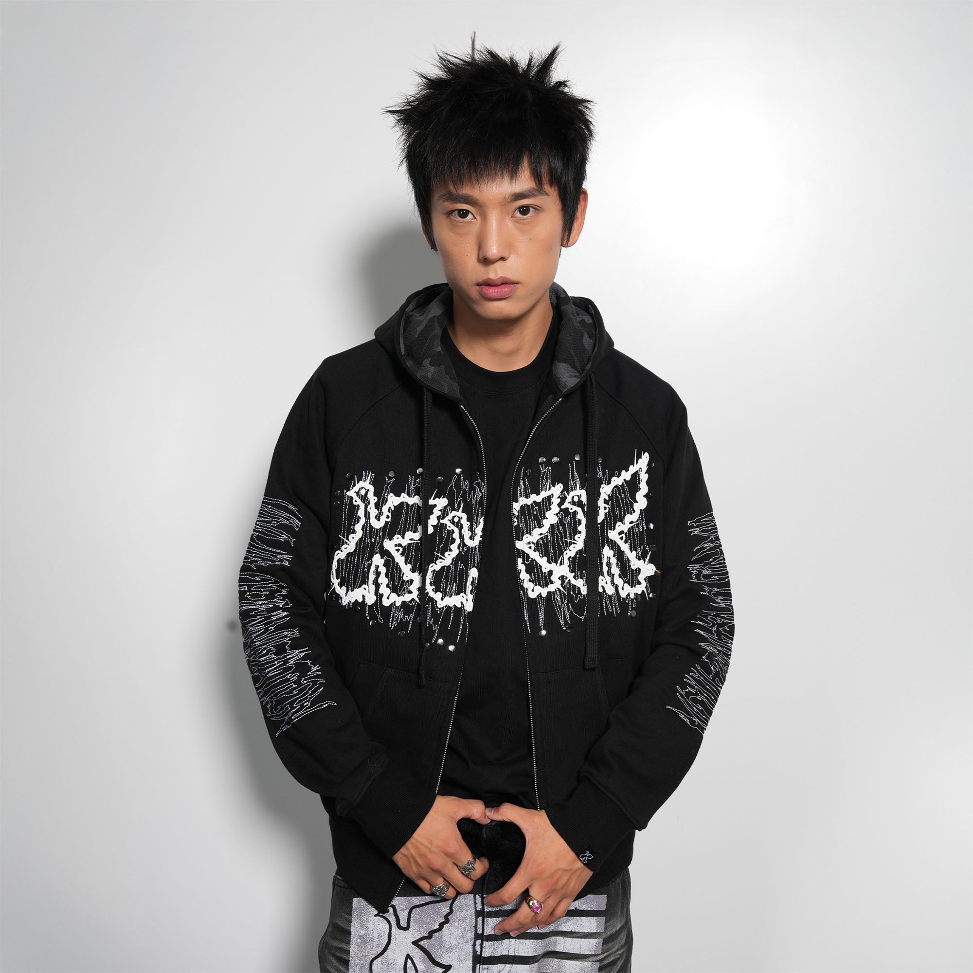 VINKID Dove Patch Chaos Stitch Zip-Up Hoodie