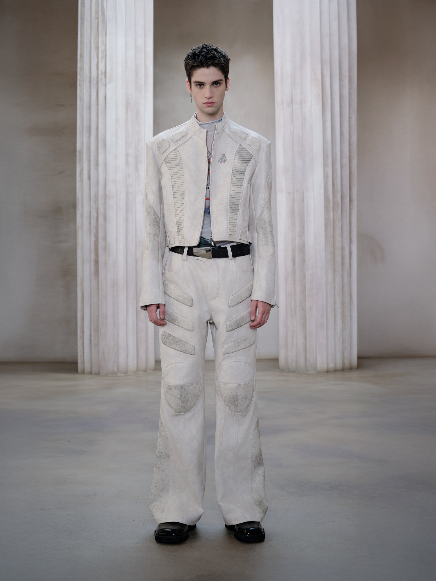 FACEONLAB Panel Armored Faux Leather Biker Pants White, premium urban and streetwear designers apparel on PROJECTISR.com, FACEONLAB