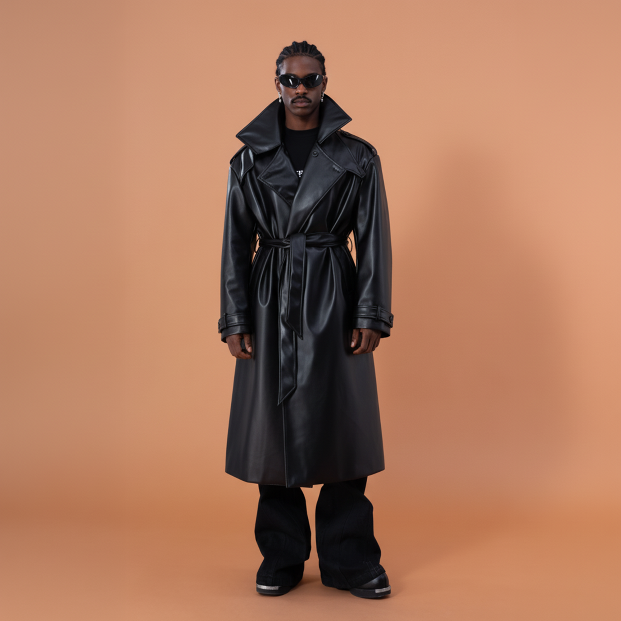 CLP Glossy Faux Leather Belted Trench Coat