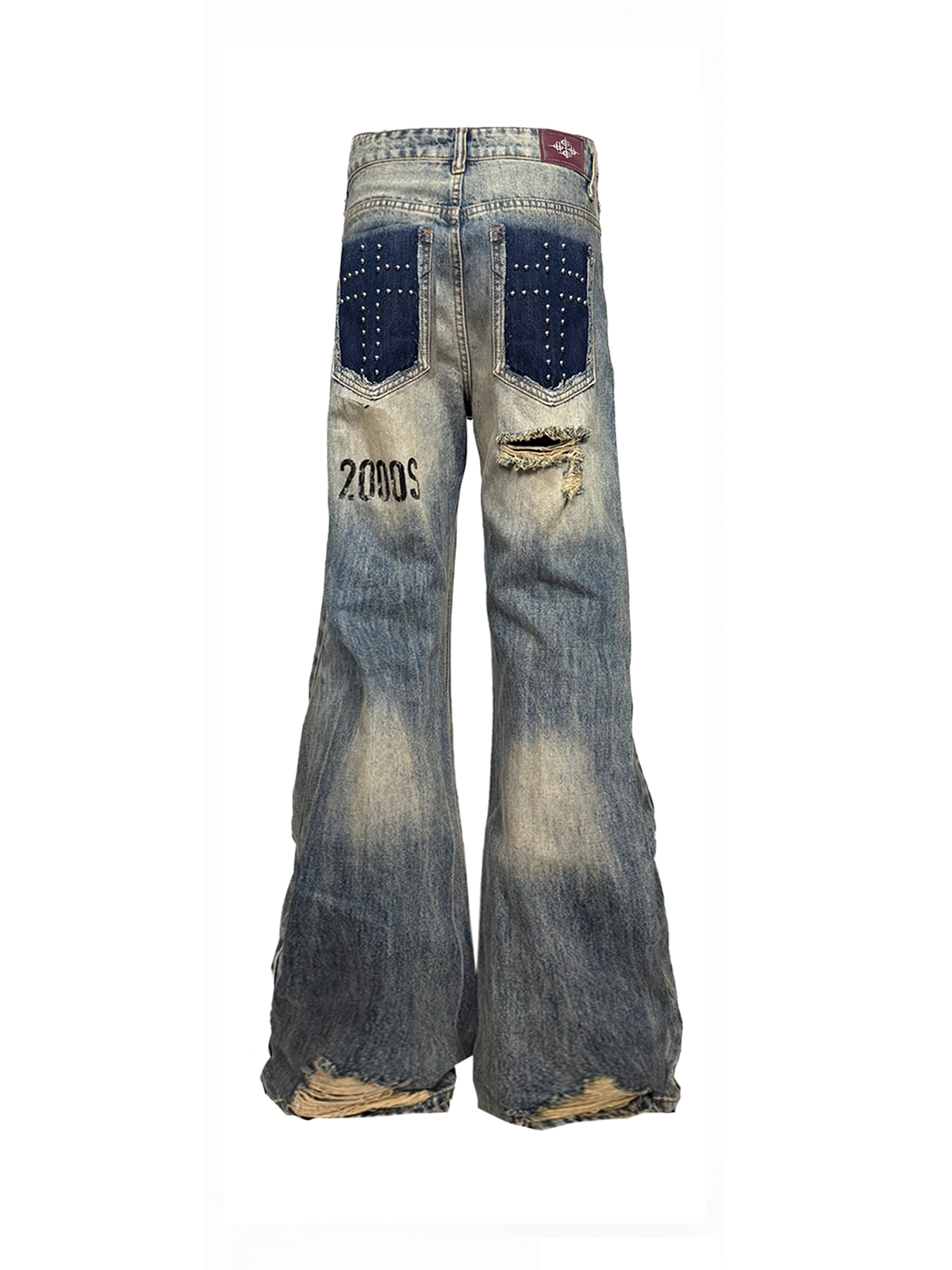 DETW Washed Distressed Rivet Stacked Curved Jeans