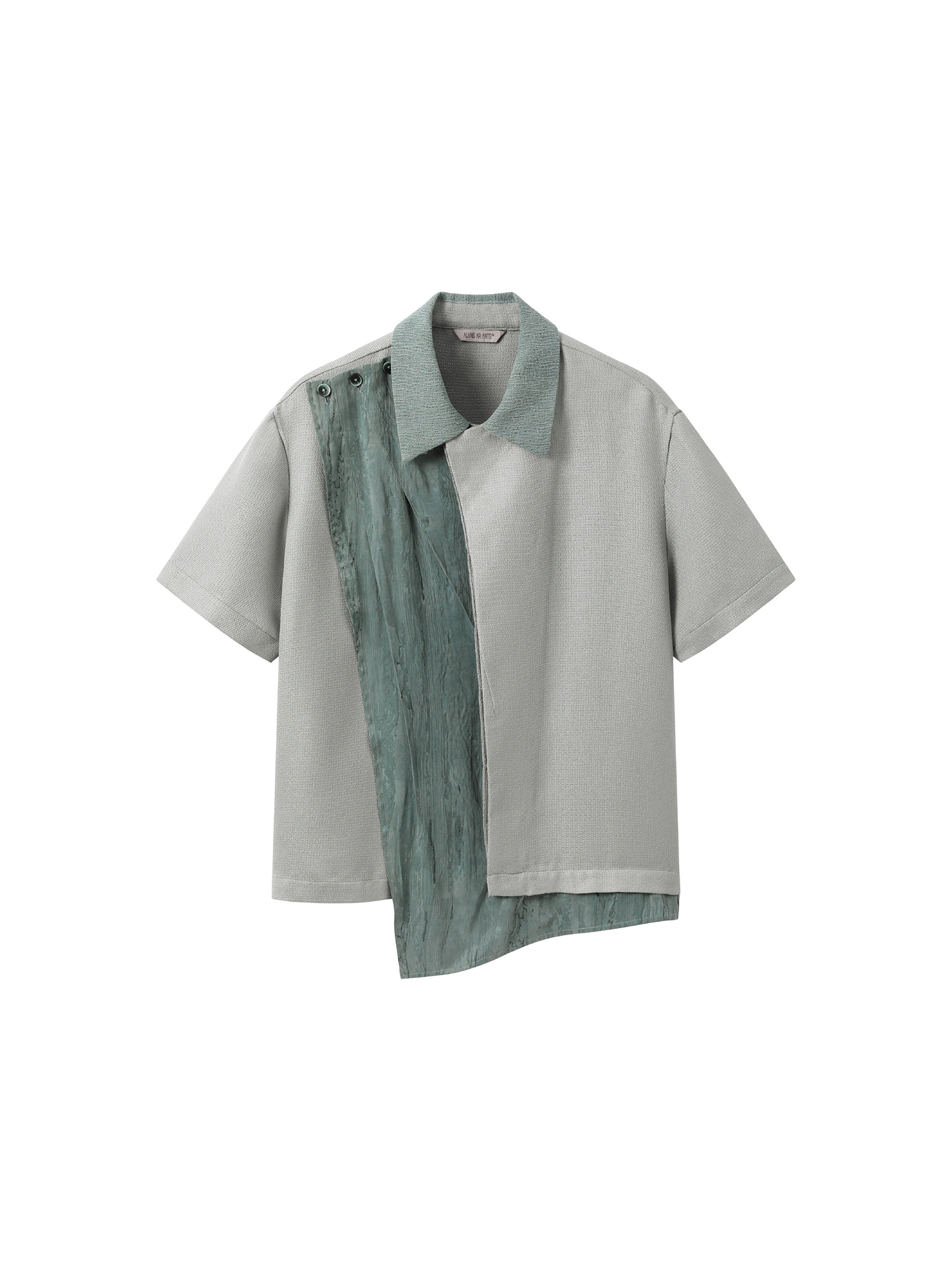 ALVNG AR ANTS Asymmetrical Contrast Spliced Linen Half Shirt, premium urban and streetwear designers apparel on PROJECTISR.com, ALVNG AR ANTS