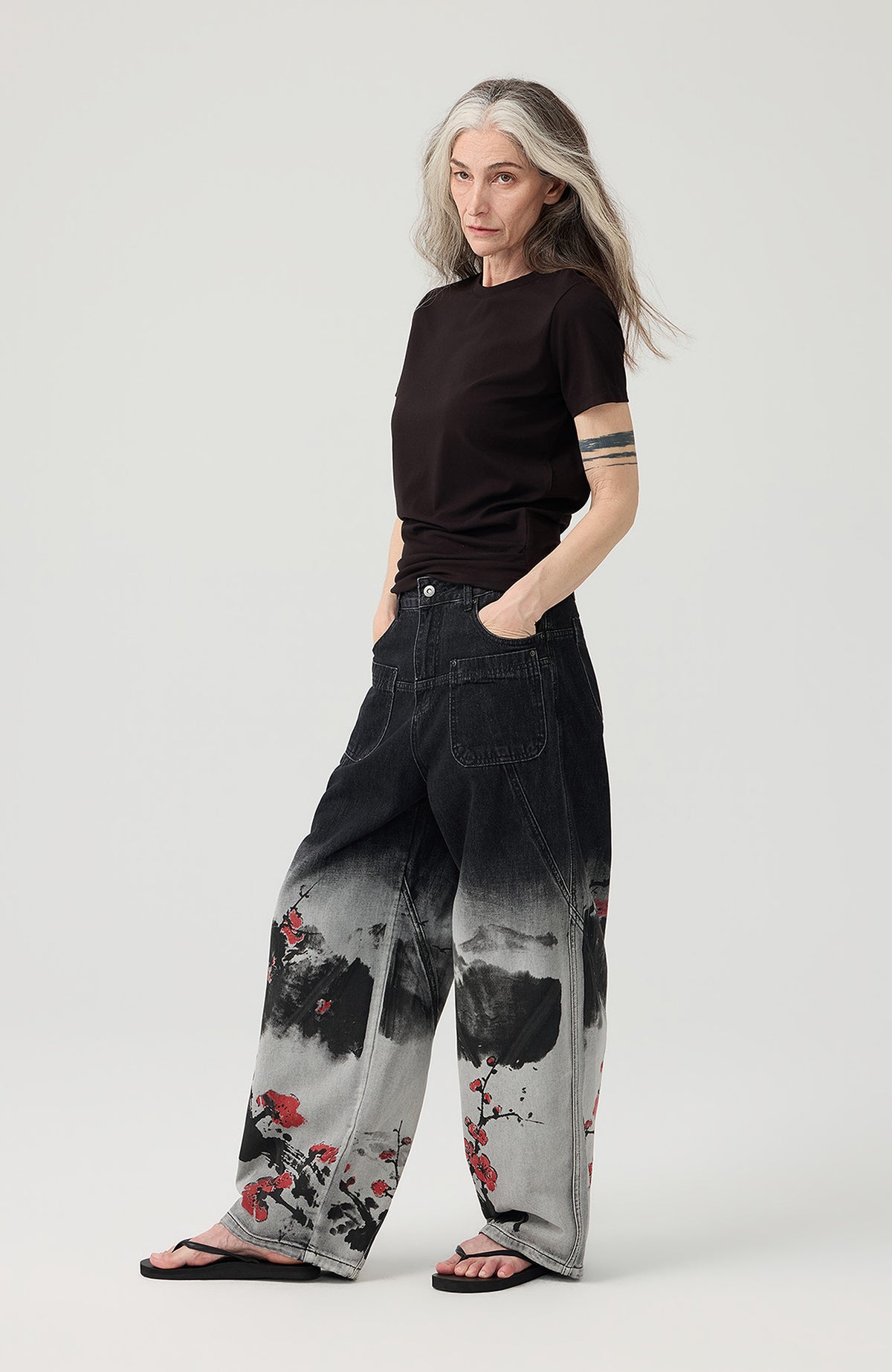 HAHAHA STUDIOS Ink Plum Blossom Washed Wide-Leg Jeans