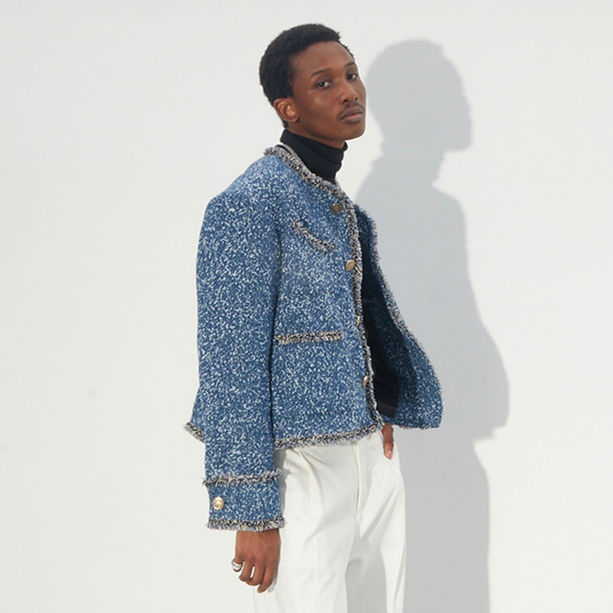 ASSEEN Washed Fringe Tweed Denim Jacket, premium urban and streetwear designers apparel on PROJECTISR.com, ASSEEN