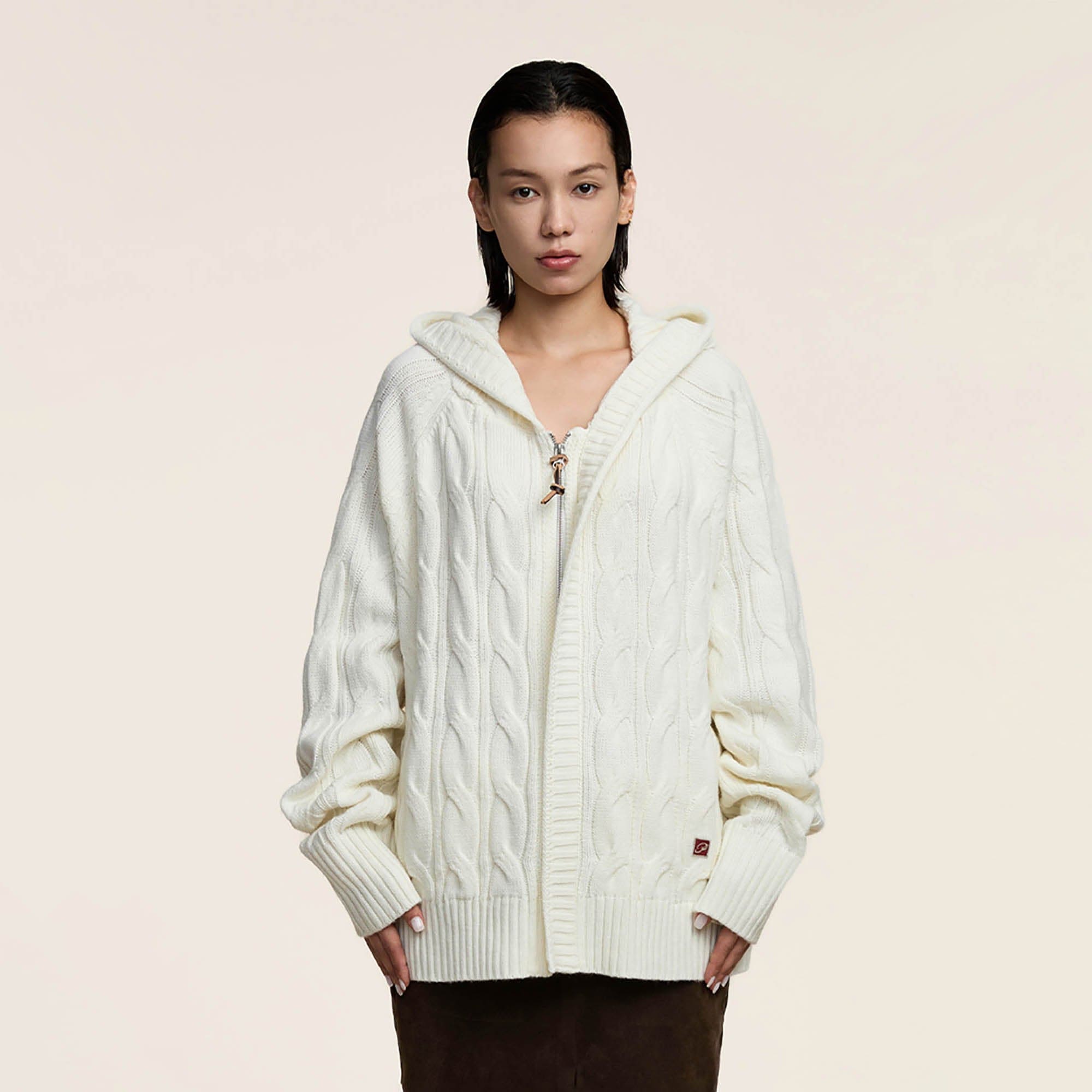 OPICLOTH Cable-Knit Zip-Up Hooded Cardigan