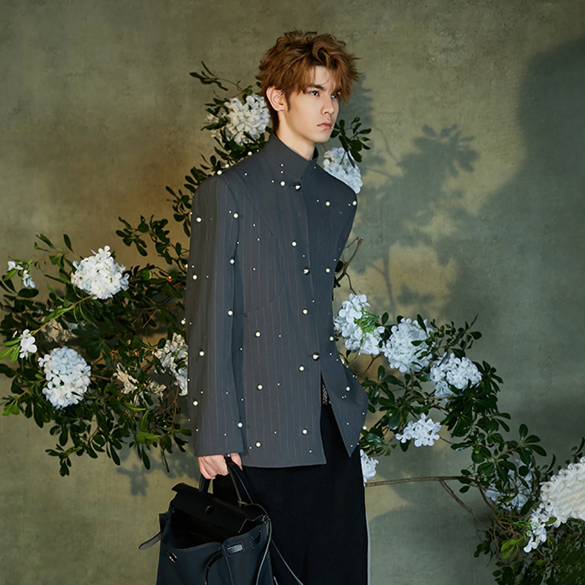 JIECHI Pearl Embellished Stripe Mandarin Shirt