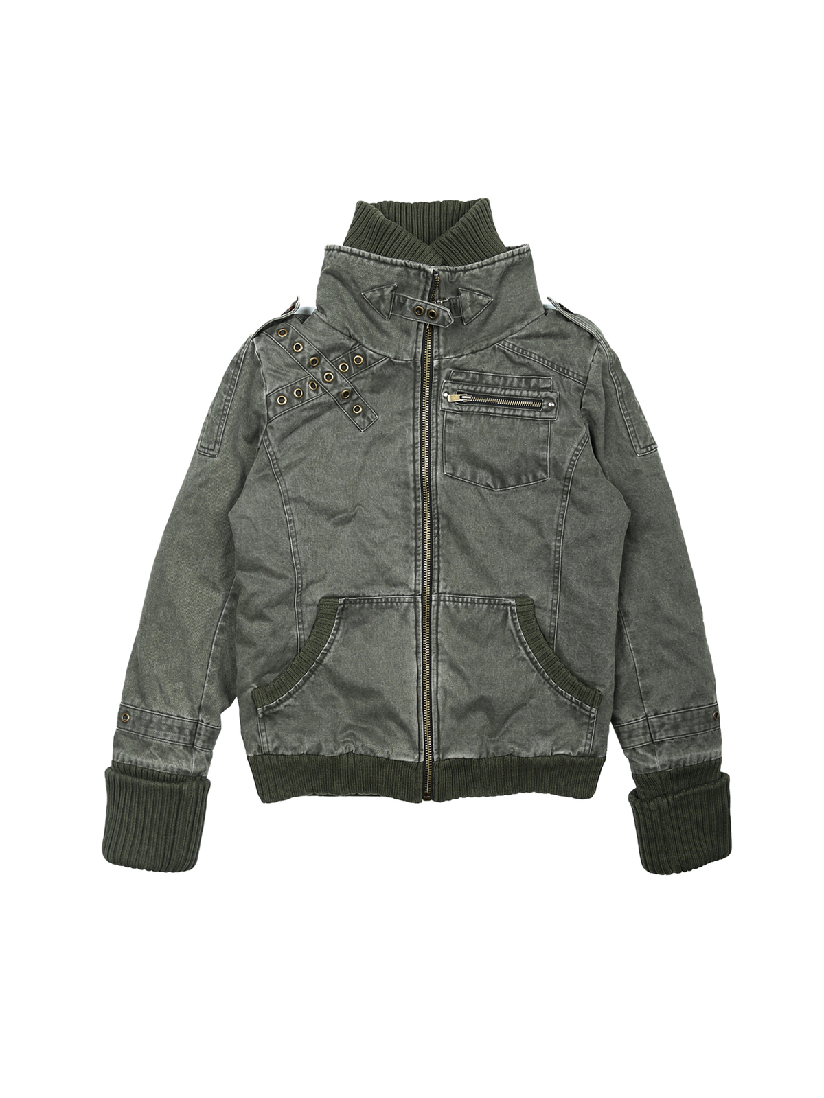 TRECLUB Retro Punk Washed Cross Eyelet Ribbed Collar Padded Jacket, premium urban and streetwear designers apparel on PROJECTISR.com, TRECLUB