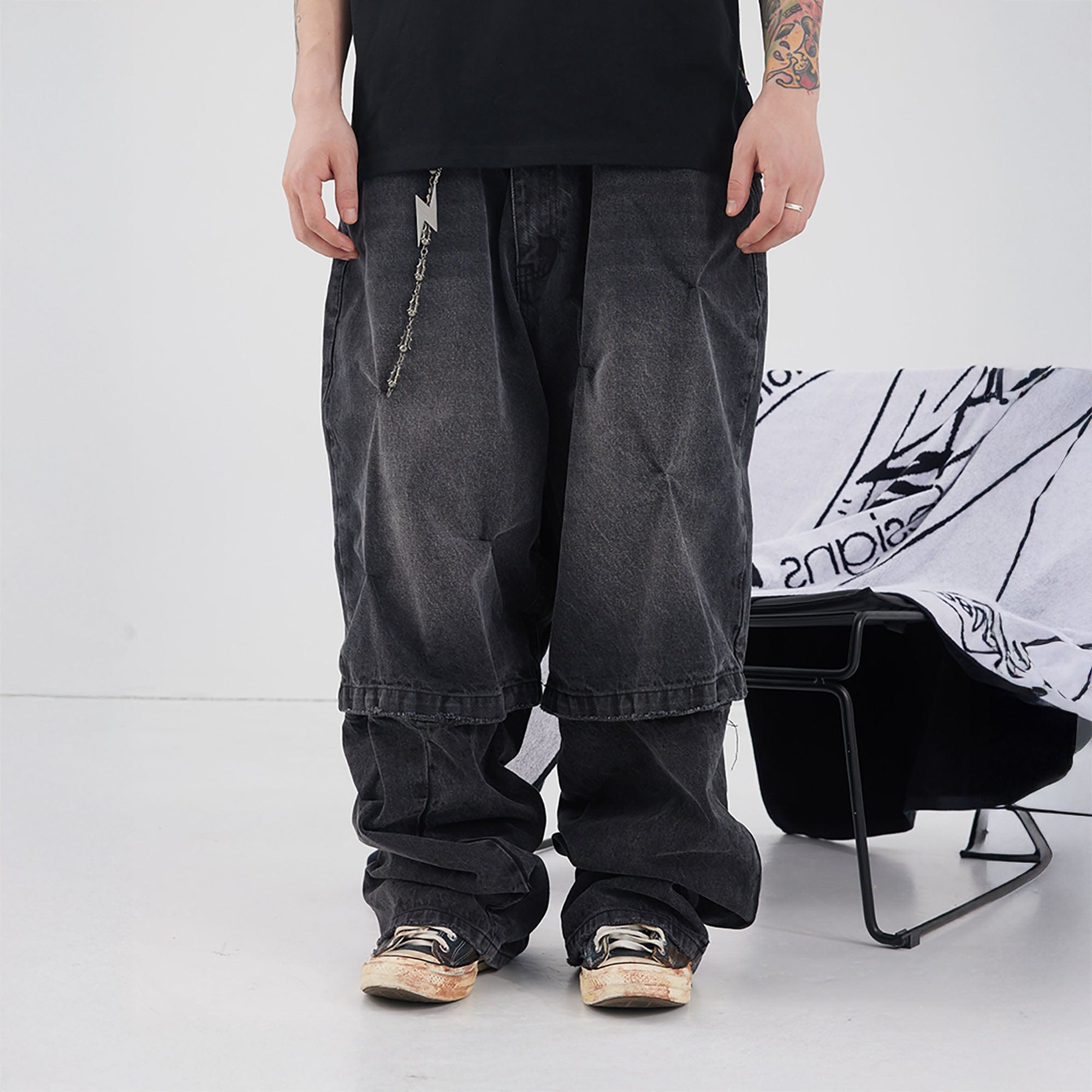 BLACK8MOB Distressed Crinkled Detachable Baggy Jeans