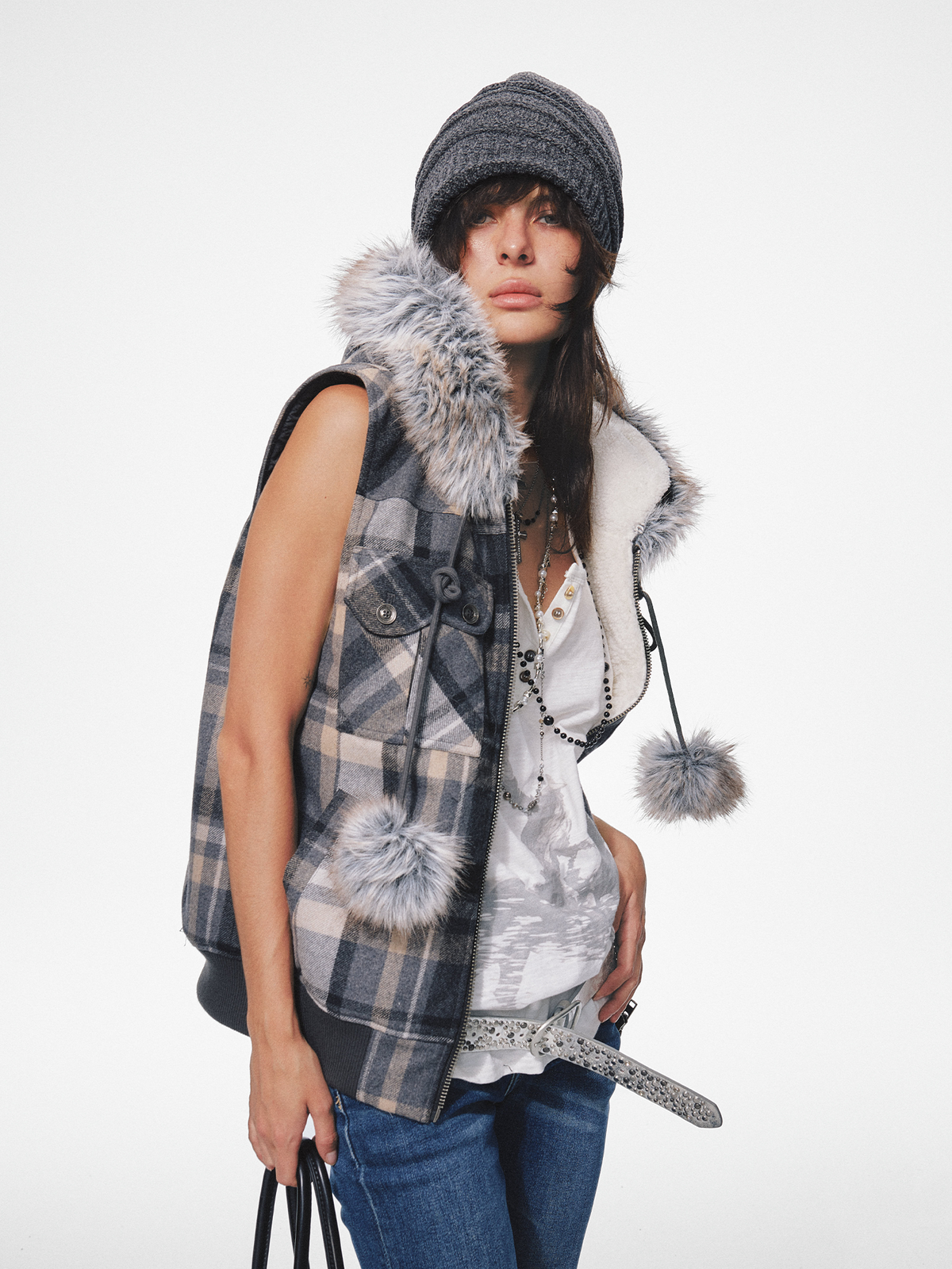 TRECLUB Retro Plaid Hooded Faux Fur Collar Vest