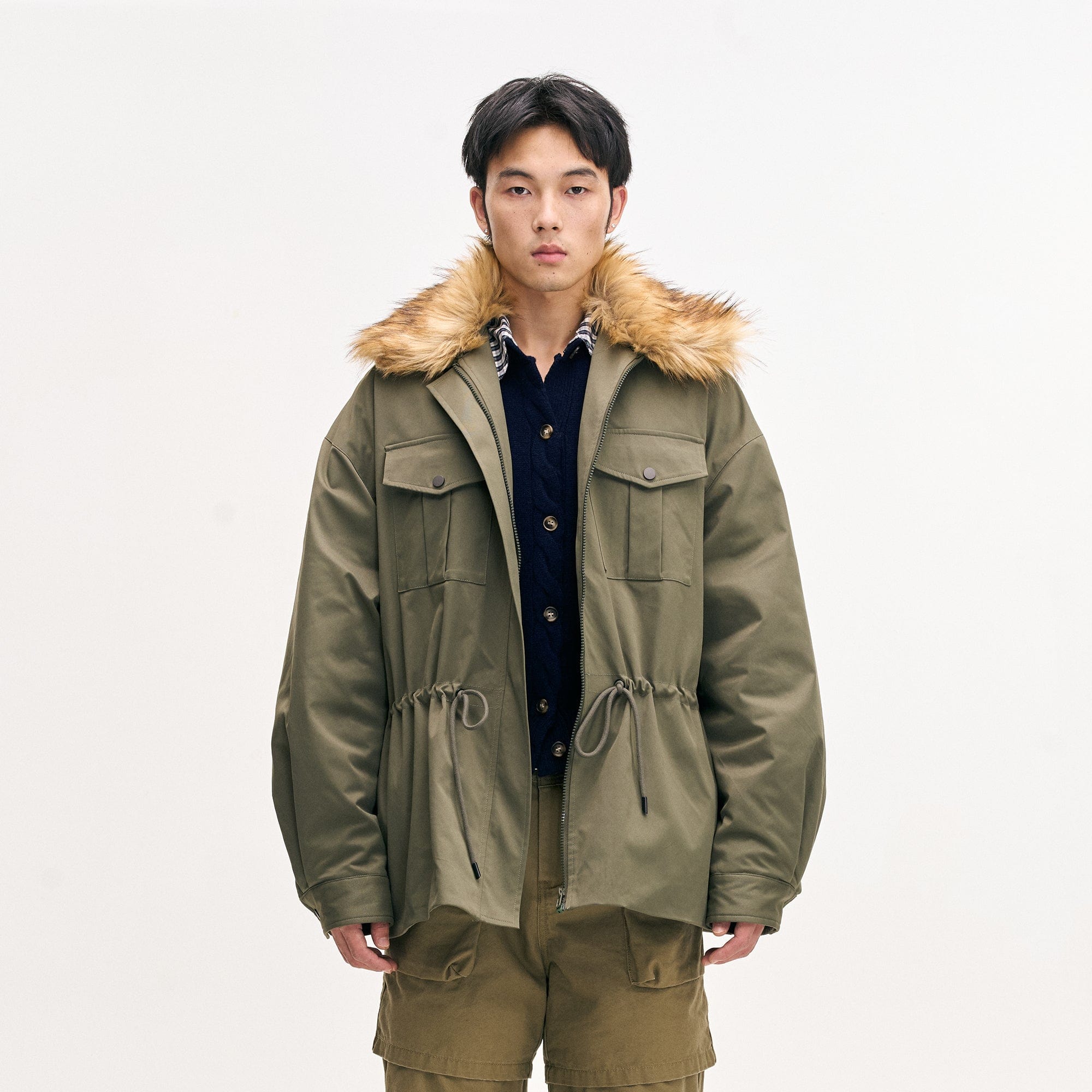 LEONSENSE Classic Detachable Faux-Fur Collar Parka Coat