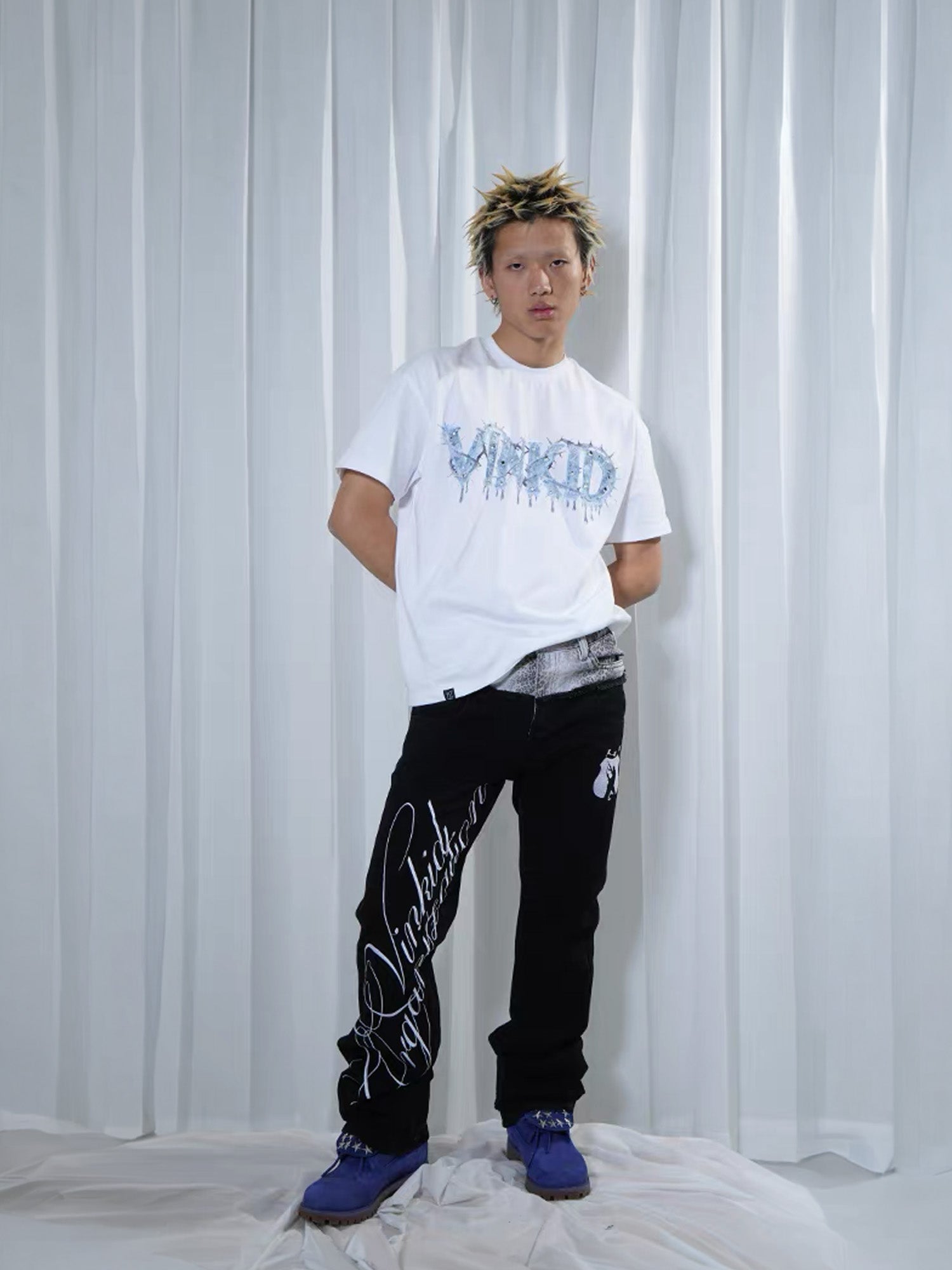 VINKID Double-Waist Script Graphic Jeans, premium urban and streetwear designers apparel on PROJECTISR.com, VINKID
