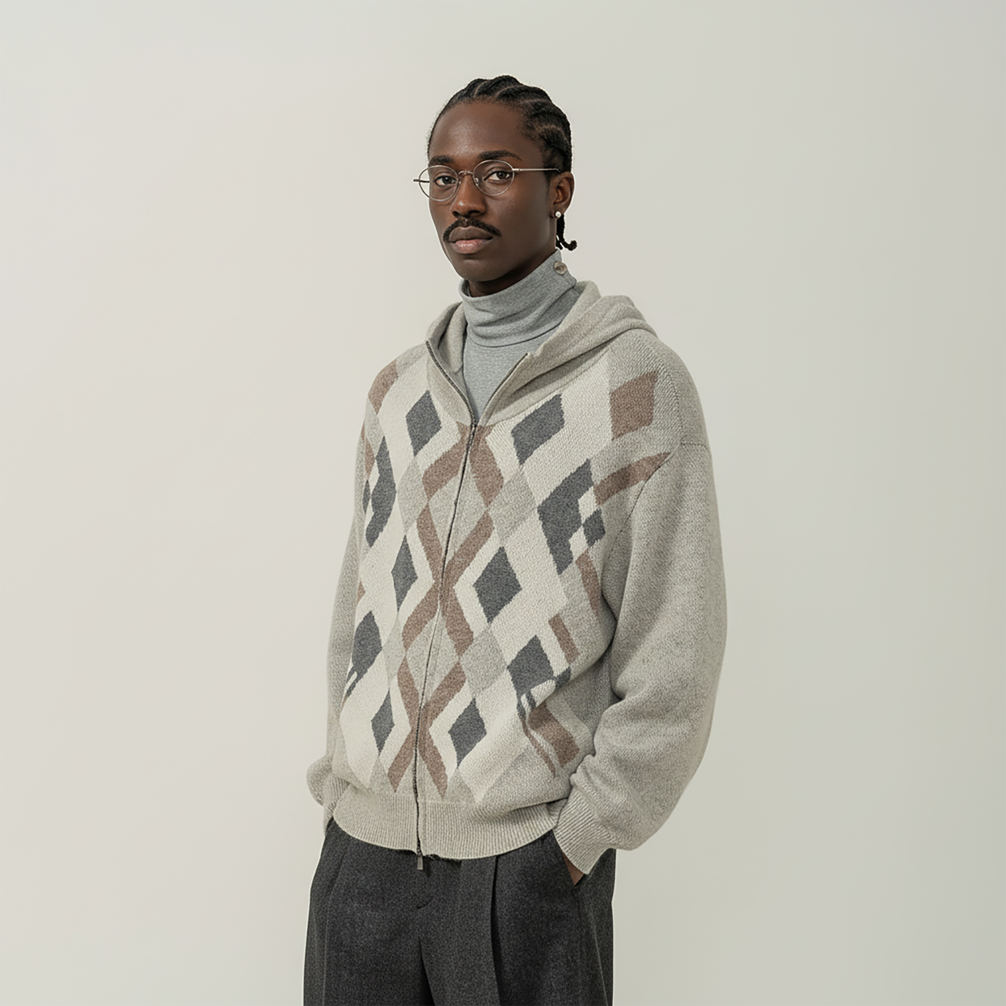 MOITIEDEPETALE Argyle Dual Zip Hooded Cardigan