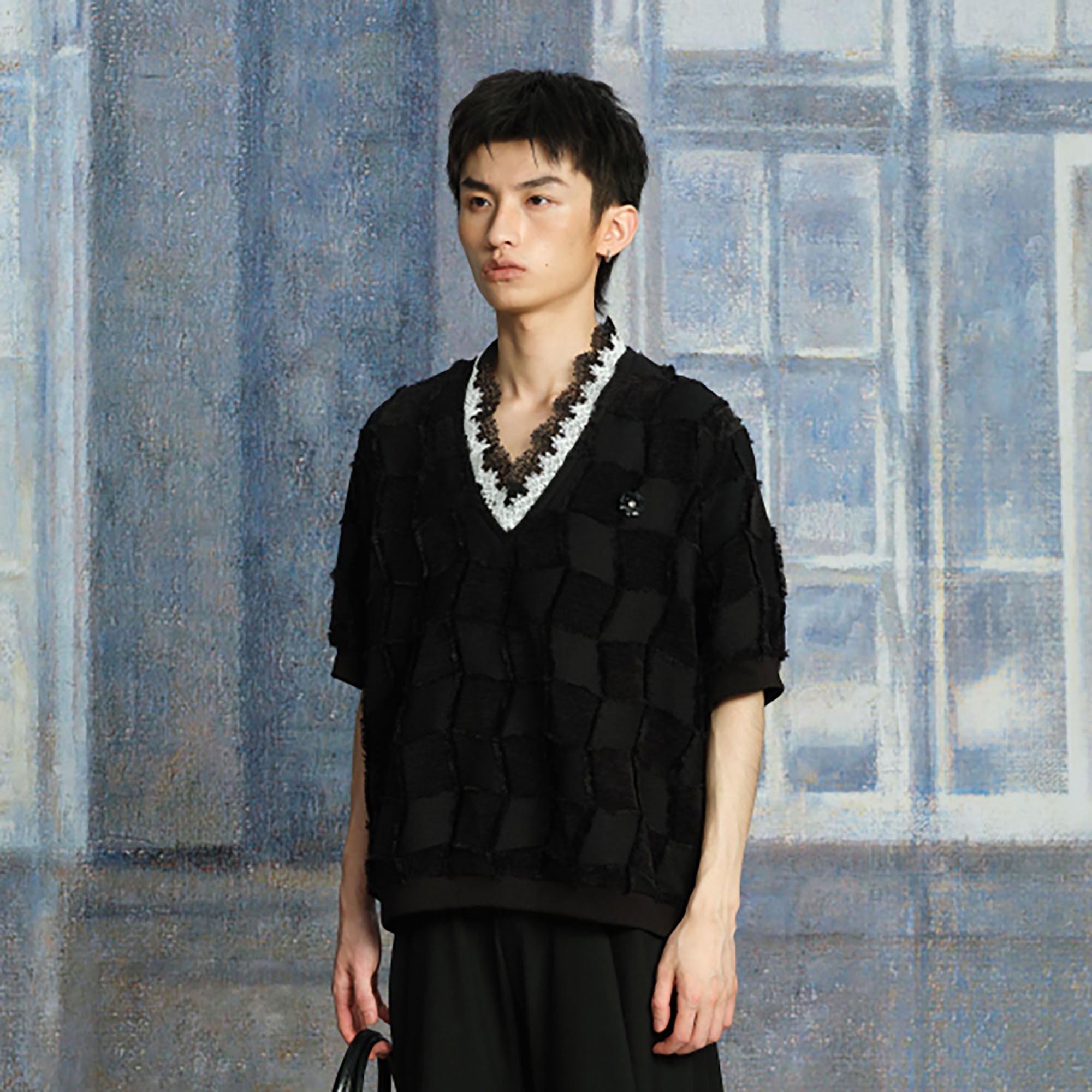 TUIMU Lace-Trim V-Neck Check T-Shirt, premium urban and streetwear designers apparel on PROJECTISR.com, TUIMU