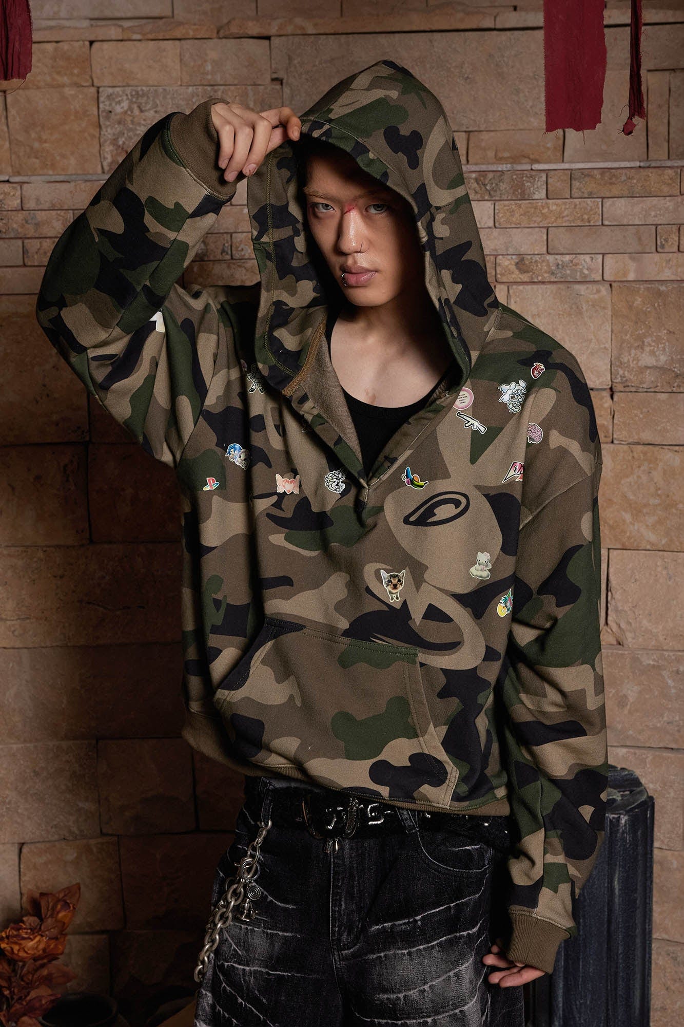 DND4DES The Stickers Camo V-Neck Hoodie