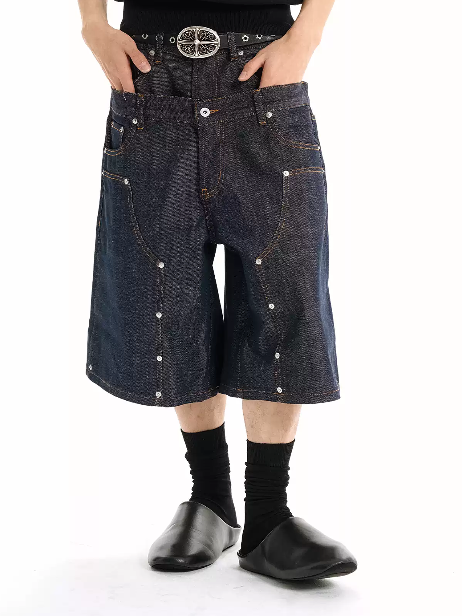 WANNA LAB Studded Double-Waistband Raw Denim Jeans