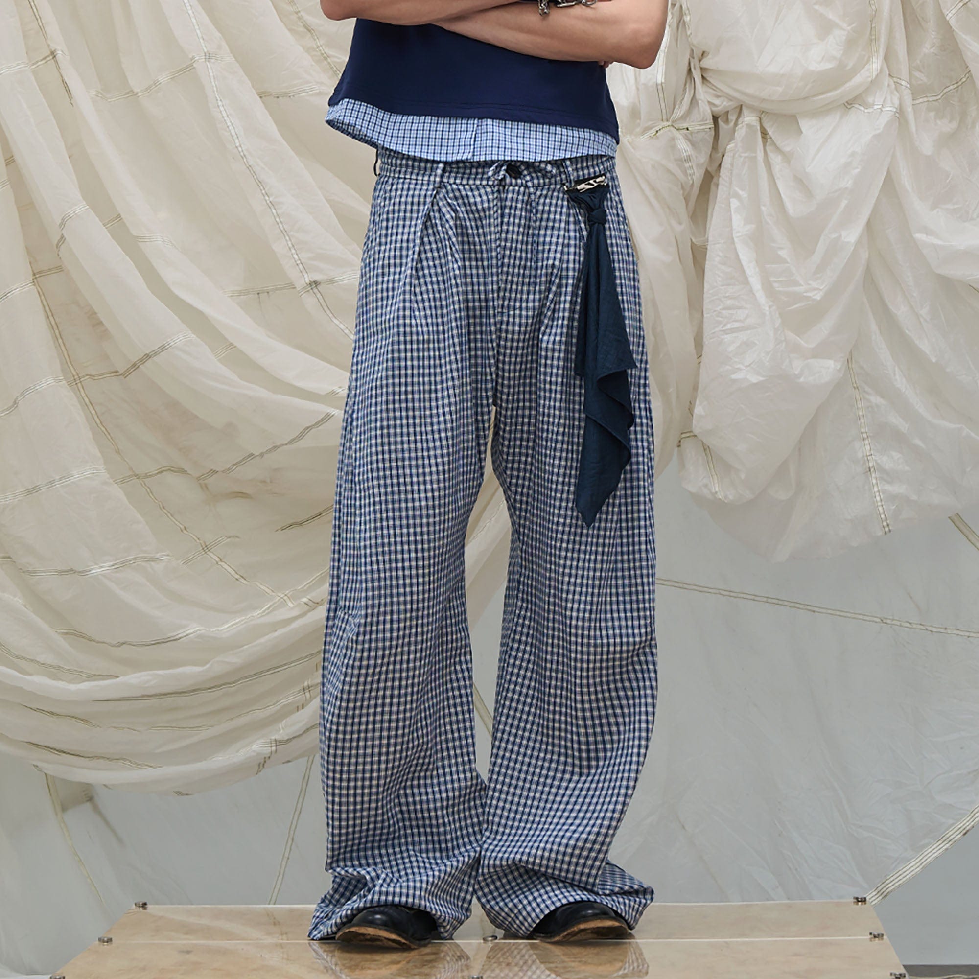 RELABEL Detachable Scarf Grid Pleated Pants, premium urban and streetwear designers apparel on PROJECTISR.com, RELABEL