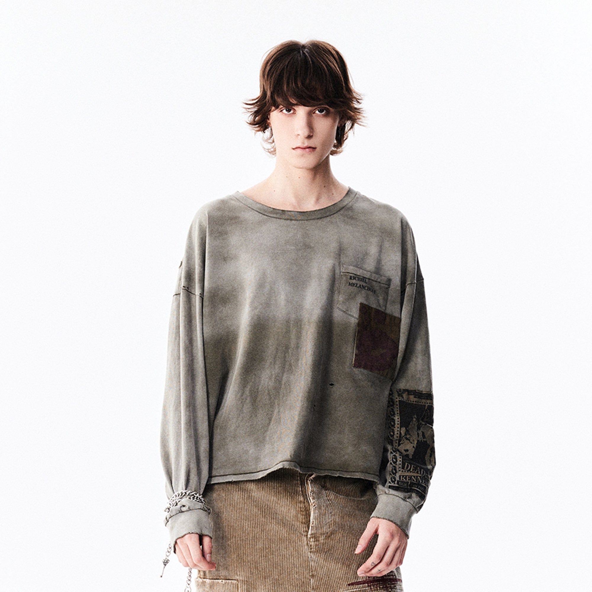 RICHILL Patchwork Ripped Washed Long-Sleeve Tee