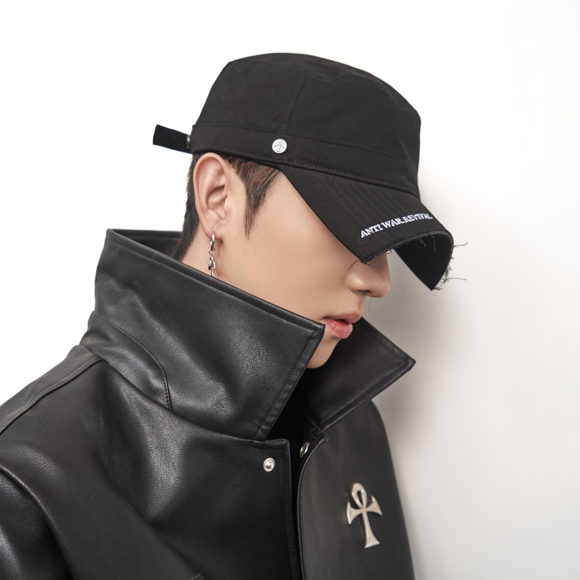 ANTI WAR REVIVAL Embroidered Cross Studded Flat-Top Cap