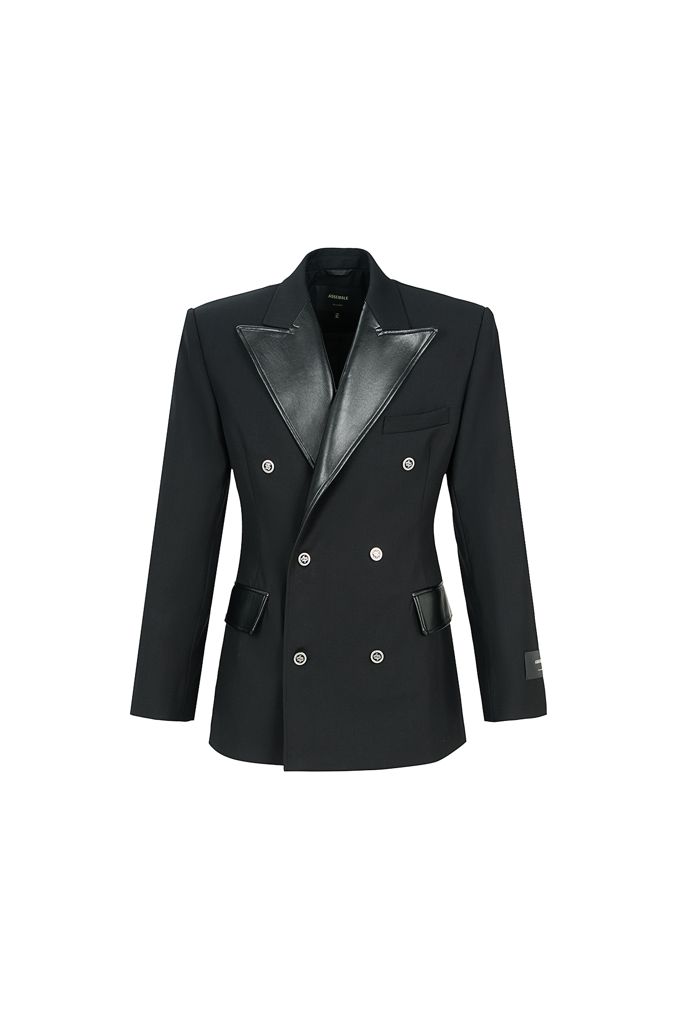 455EMBLE Paneled PU Lapel Waist-Cinched Blazer 455EMBLE Paneled PU Lapel Waist-Cinched Blazer