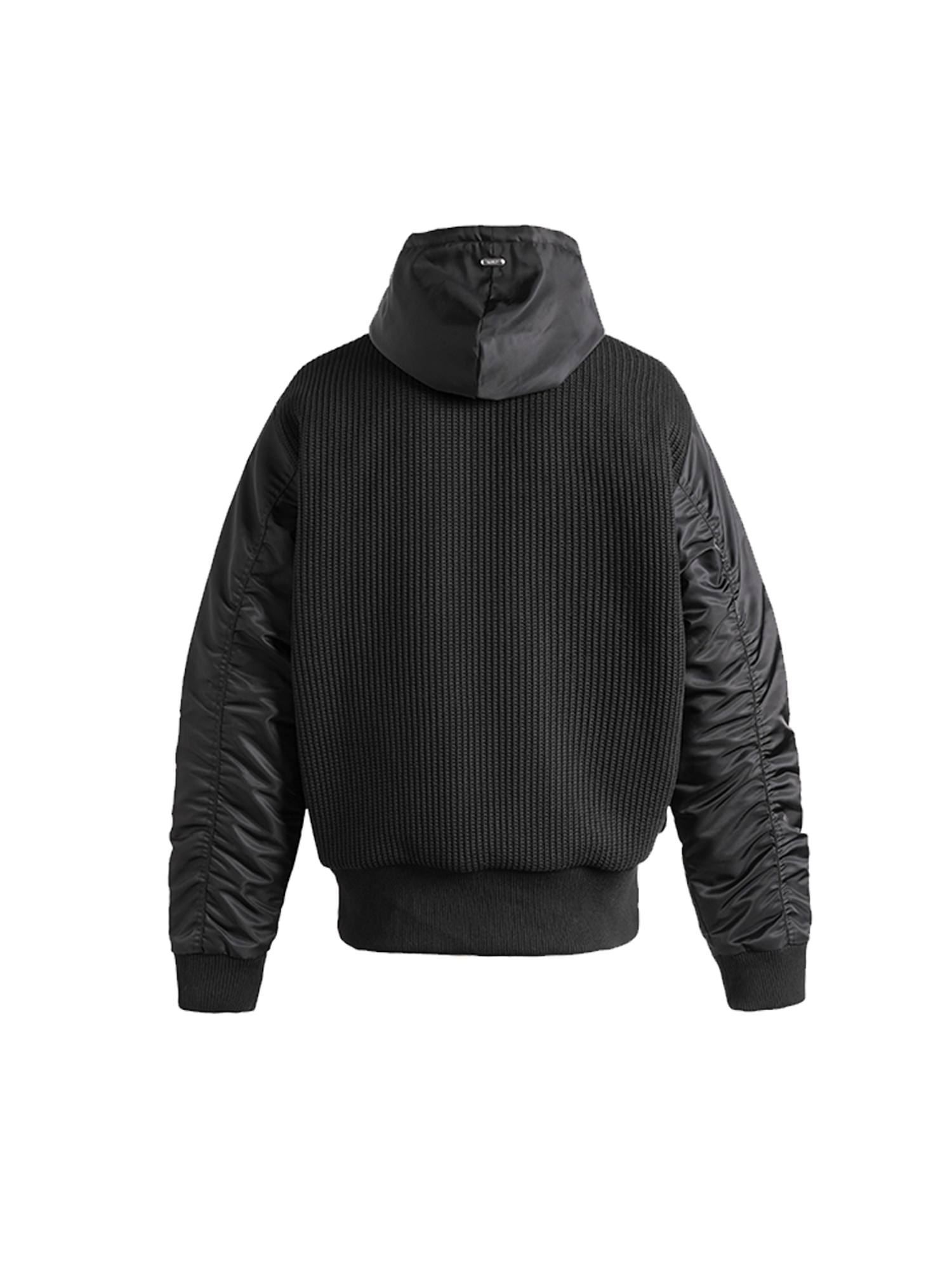 PMW Knitted Panel Ruched-Sleeve Hooded Jacket