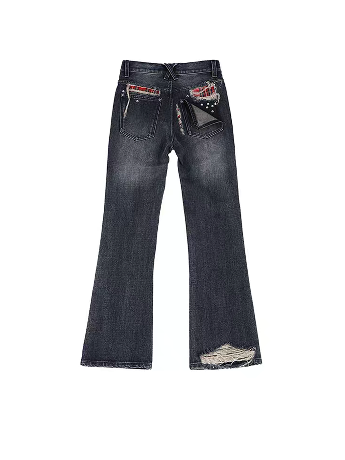 SEXXDEVIL Plaid Patch Distressed Rivet Washed Flared Jeans