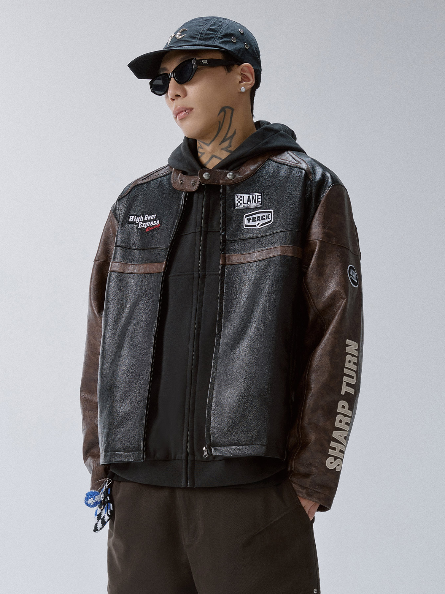 F2CE Retro Embroidered Patch PU Moto Jacket