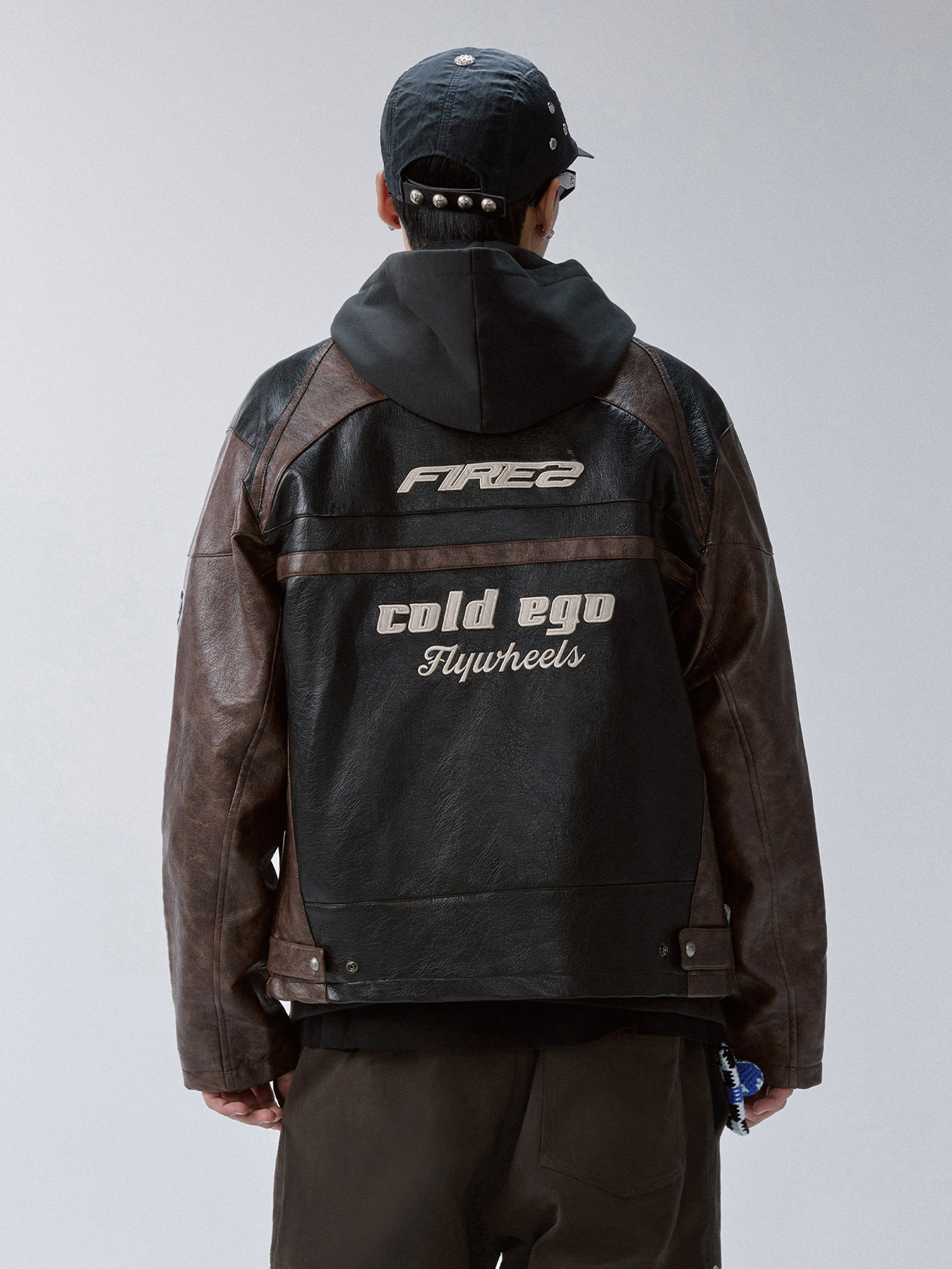 F2CE Retro Embroidered Patch PU Moto Jacket