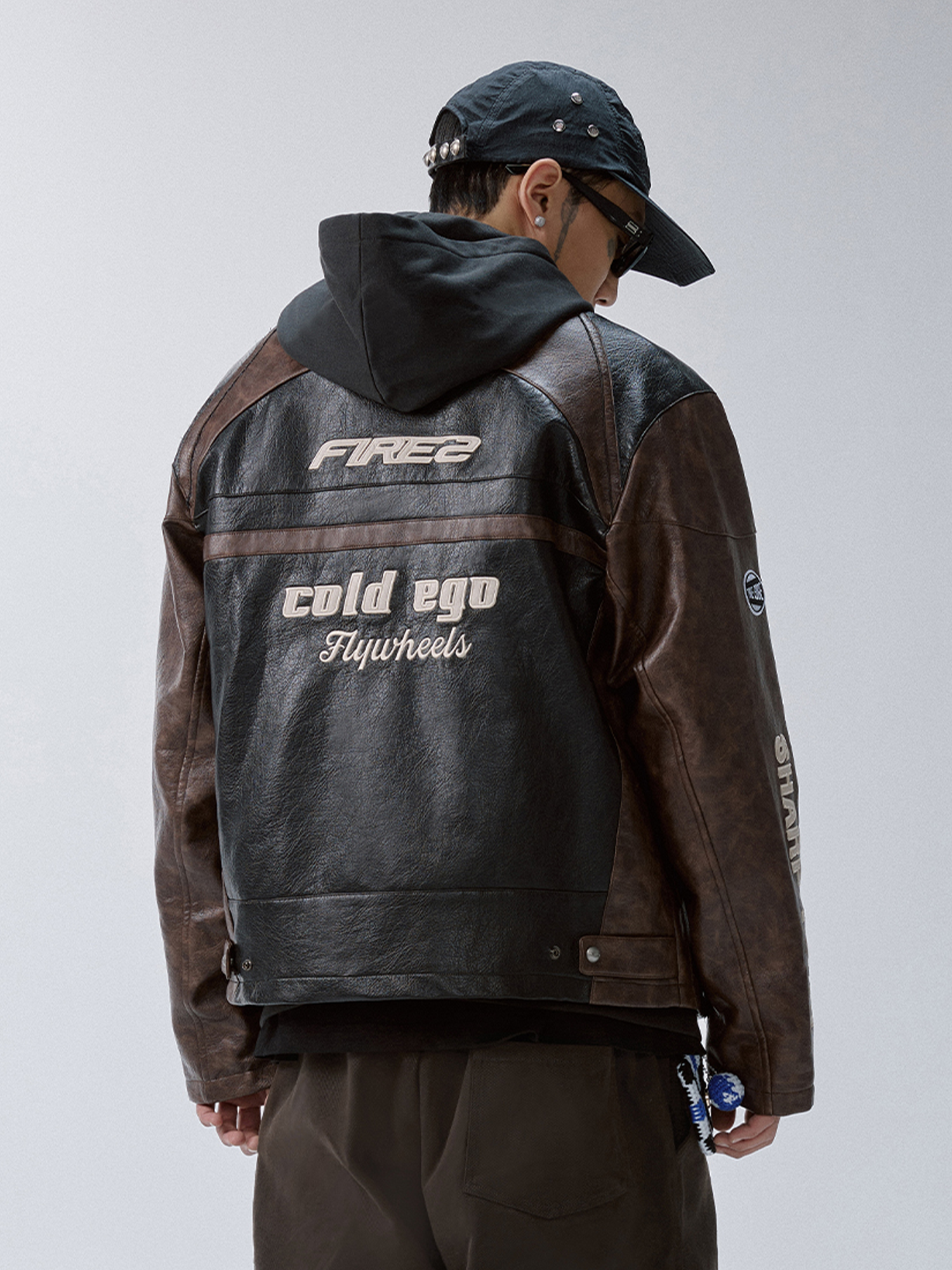 F2CE Retro Embroidered Patch PU Moto Jacket