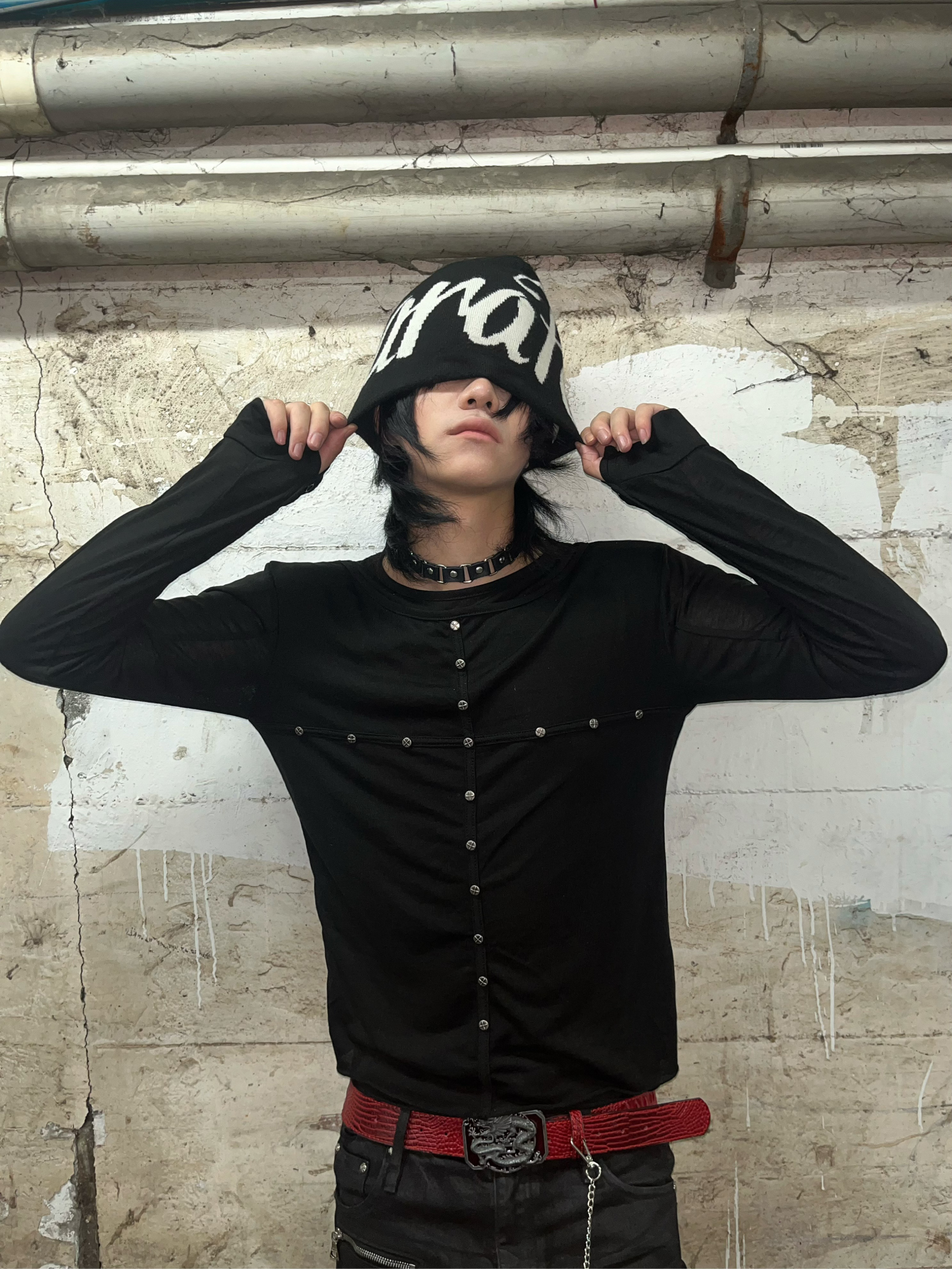 TH4SWE Layered-Collar Studded Henley Long-Sleeve Tee