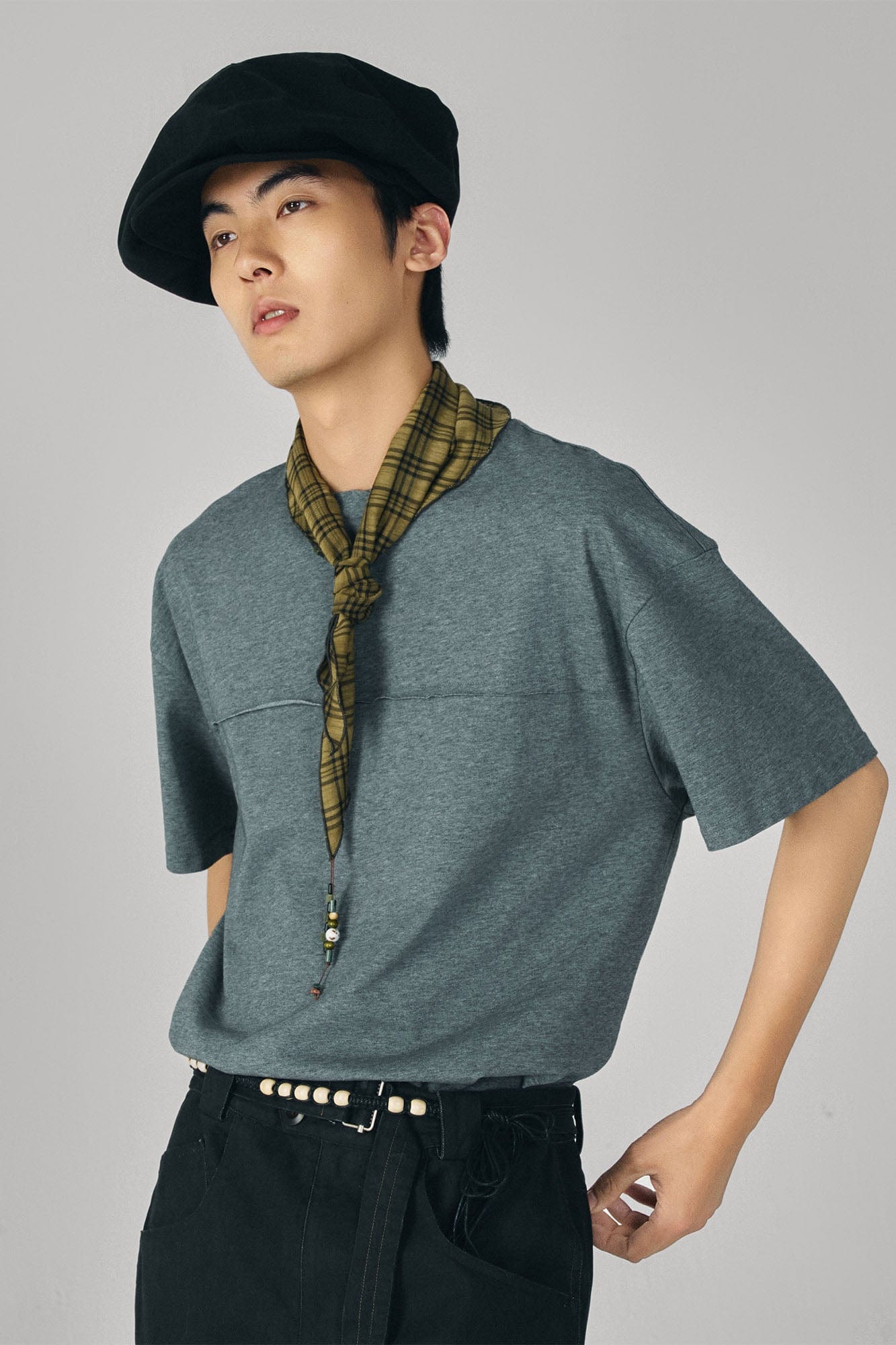 GONGHE REPUB Checked Beaded Pendant Scarf, premium urban and streetwear designers apparel on PROJECTISR.com, GONGHE REPUB