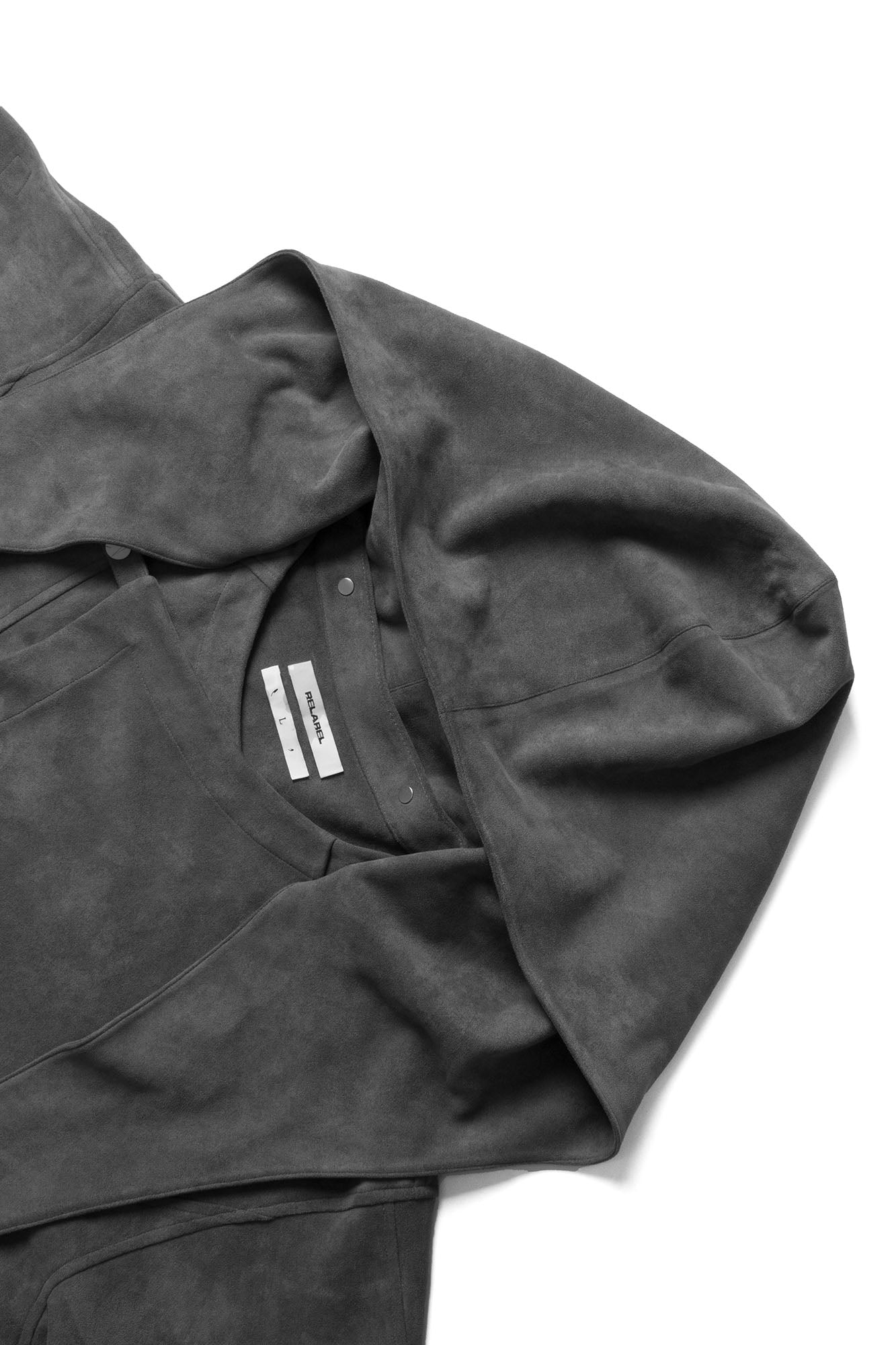 RELABEL Asymmetrical-Zip Detachable-Hood Suede Jacket Gray