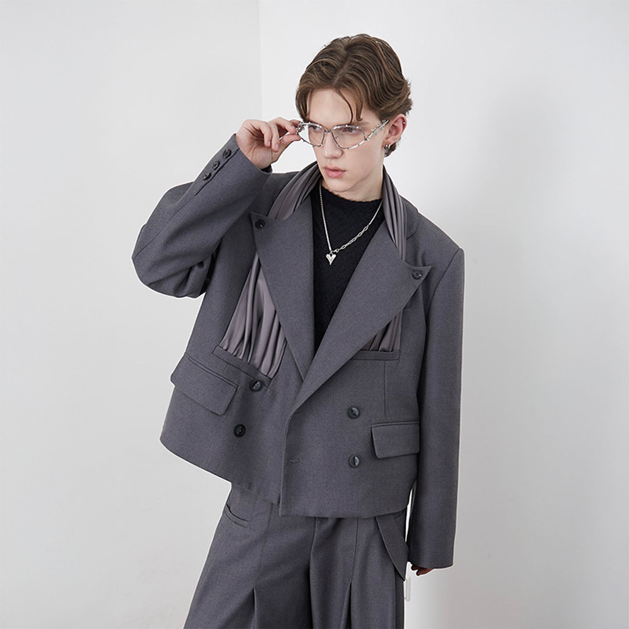 ASSEEN Pleated Panel Double-Breasted Blazer, premium urban and streetwear designers apparel on PROJECTISR.com, ASSEEN