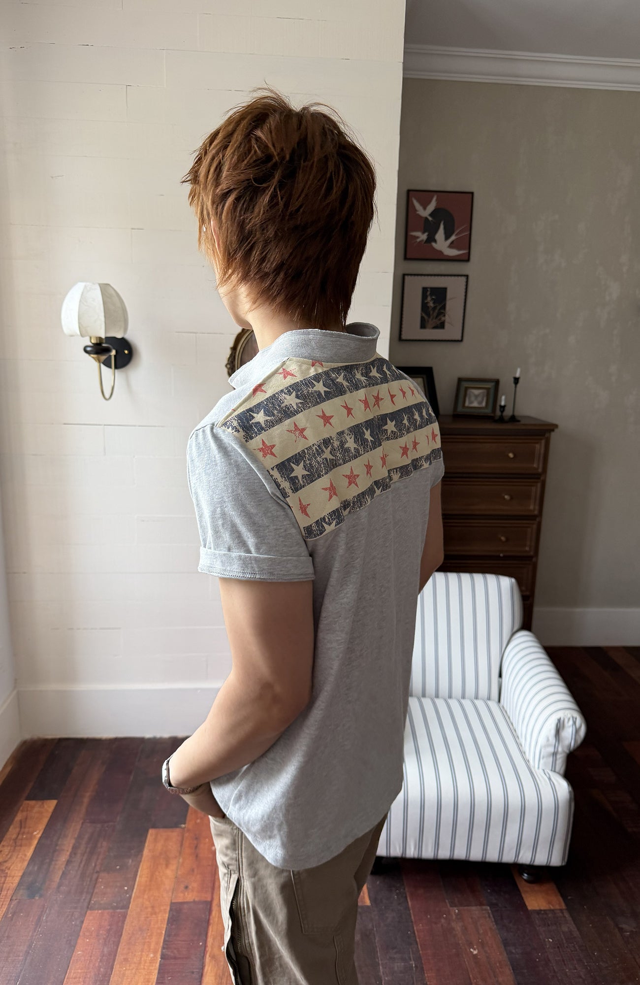 TRECLUB Retro Star Stripe Stand-Collar Polo T-Shirt