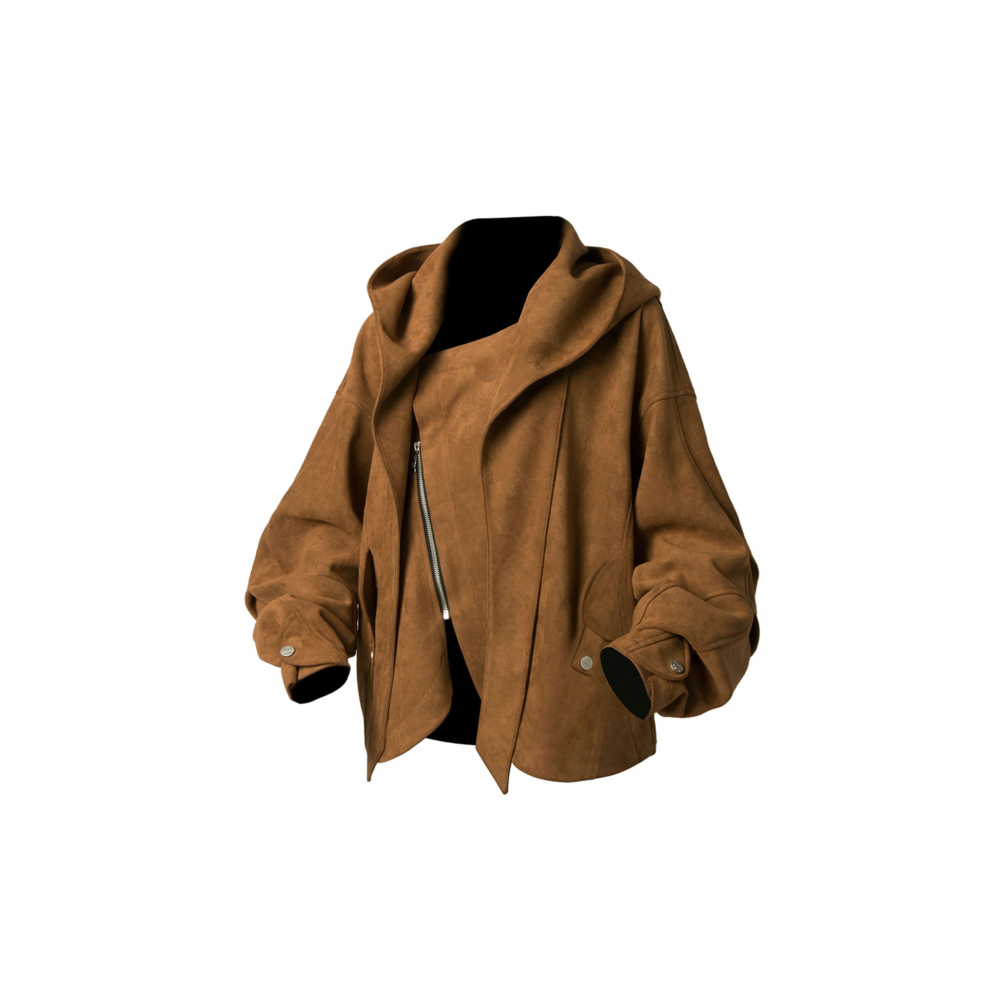 RELABEL Asymmetrical-Zip Detachable-Hood Suede Jacket Brown