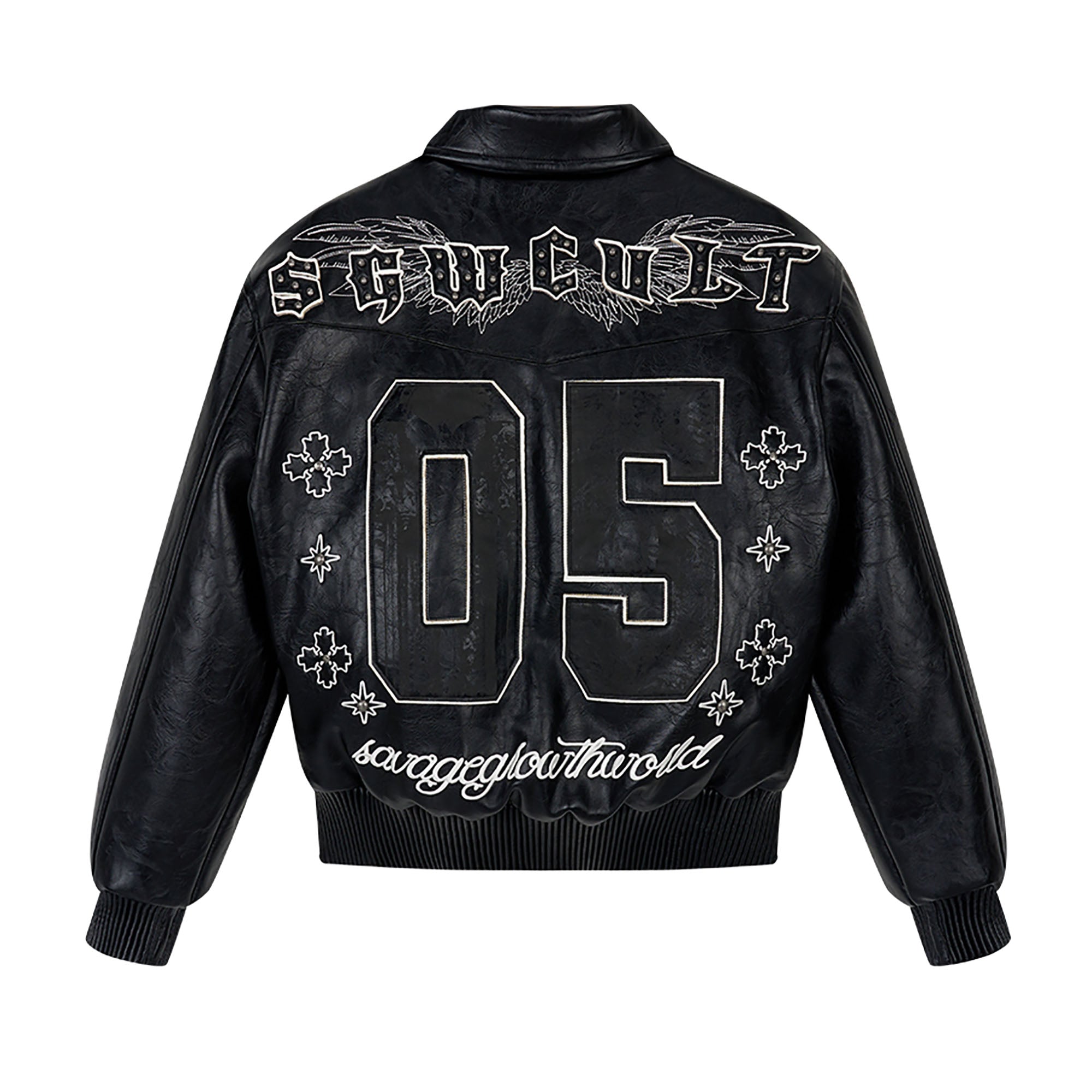 SAVAGEGROWTHWORLD No.05 Patch Faux Leather Studded Moto Jacket