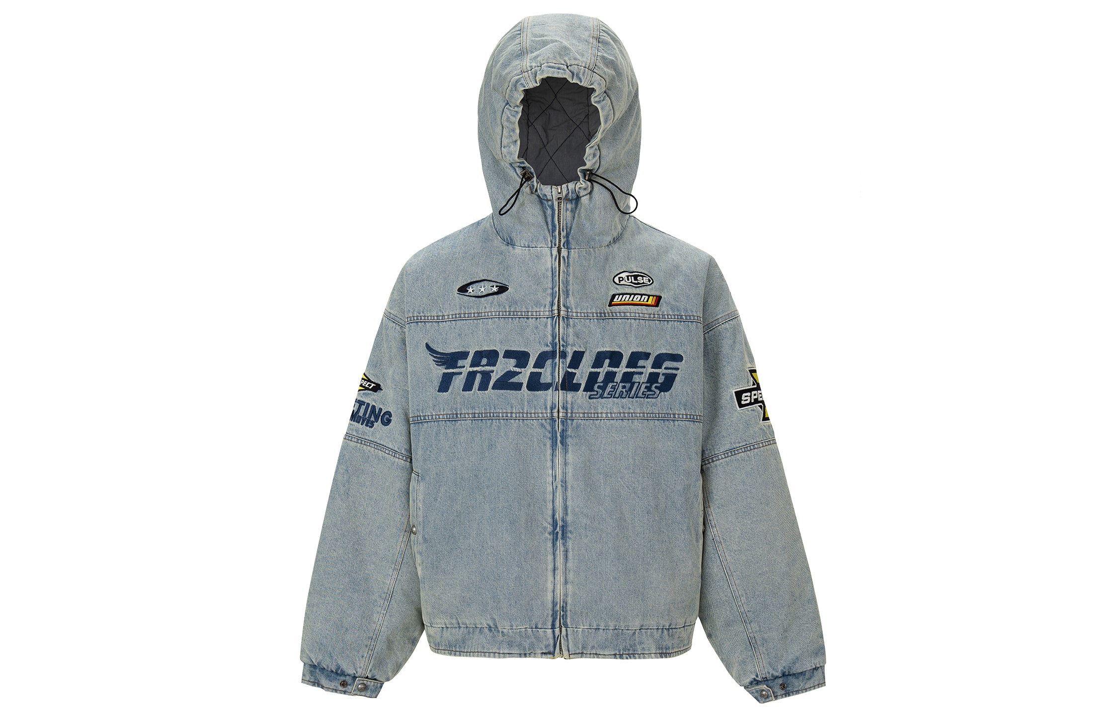 F2CE Washed Racing Patch Denim Hooded Puffer