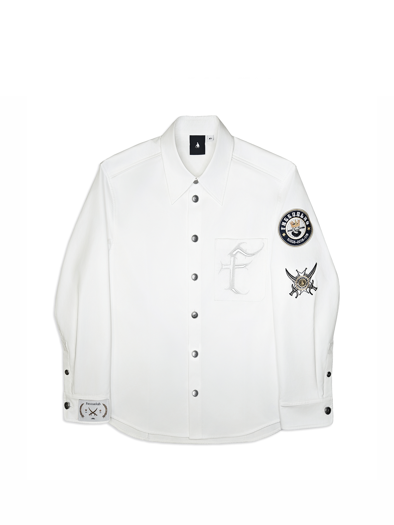 FACEONLAB Mental-Button Embroidered Badge-Patch Shirt White