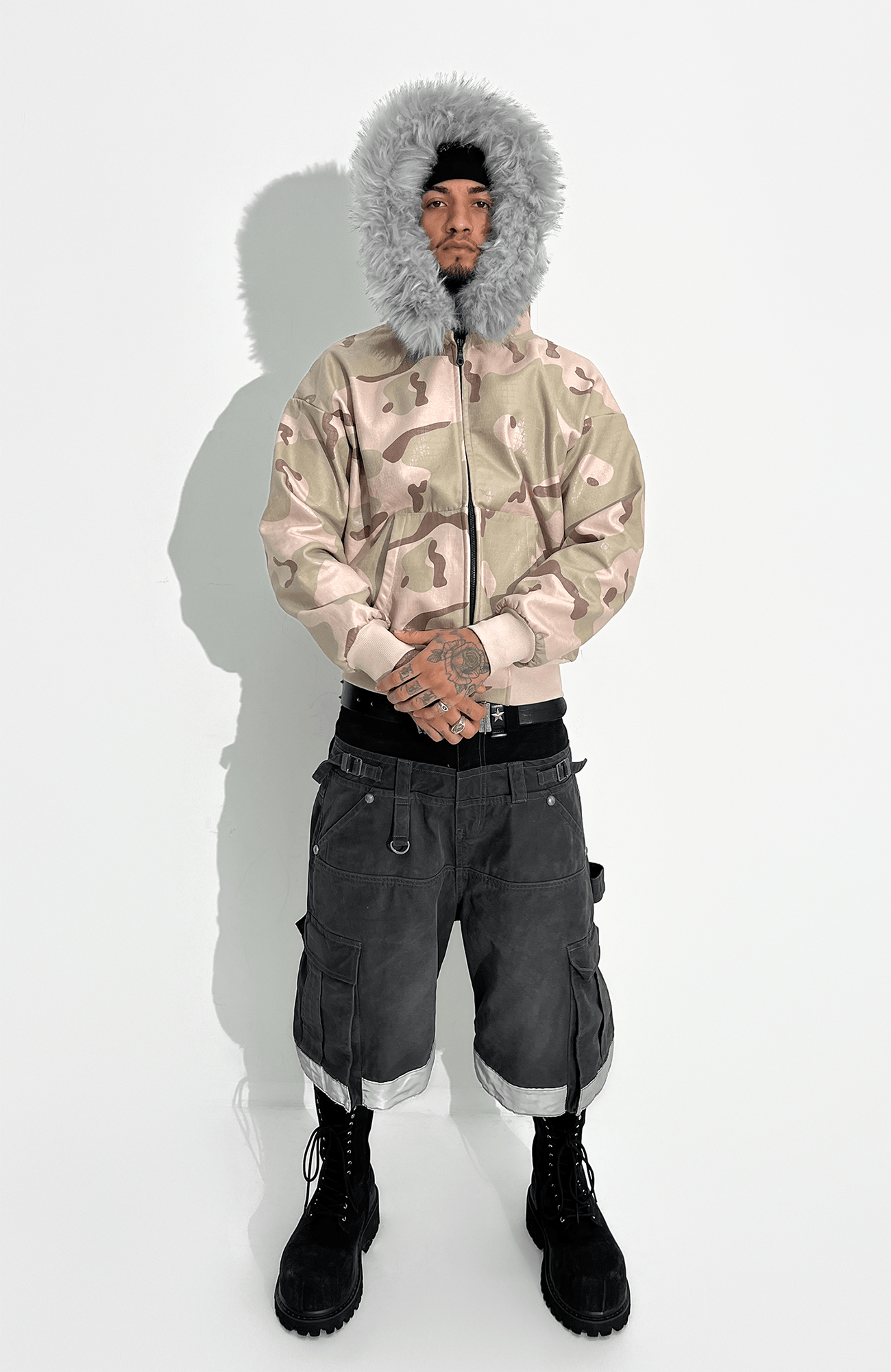 TECNINEGROUP Camo Waxed Faux Fur Hooded Jacket