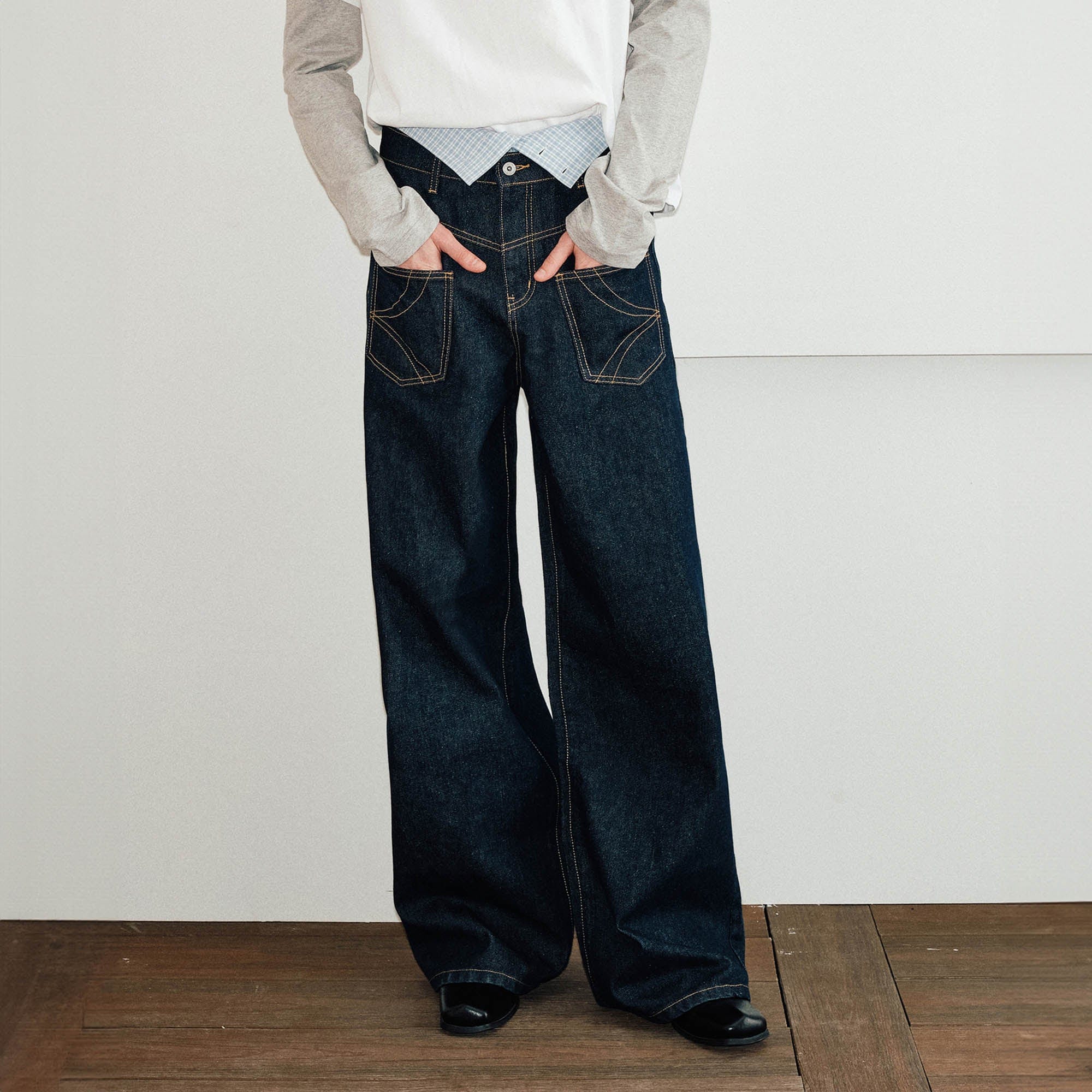 KREATE Reversed Fold-Over Wide-Leg Jeans