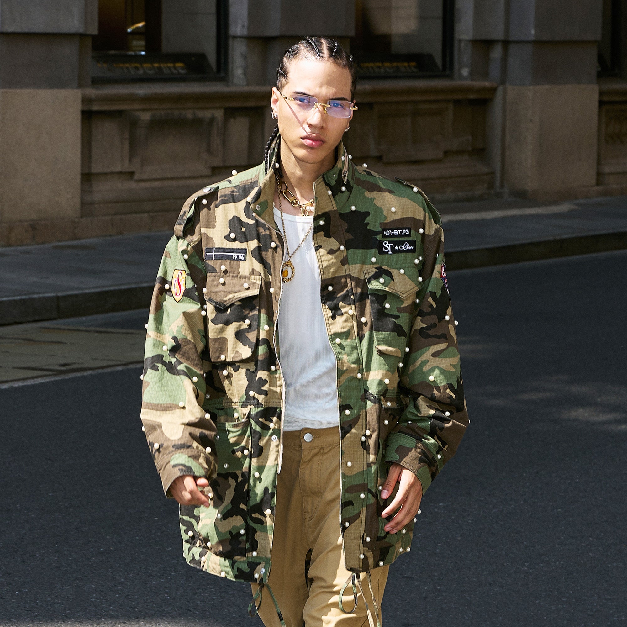 STEEPC Camo Pearl-Studded Patch Utility Jacket