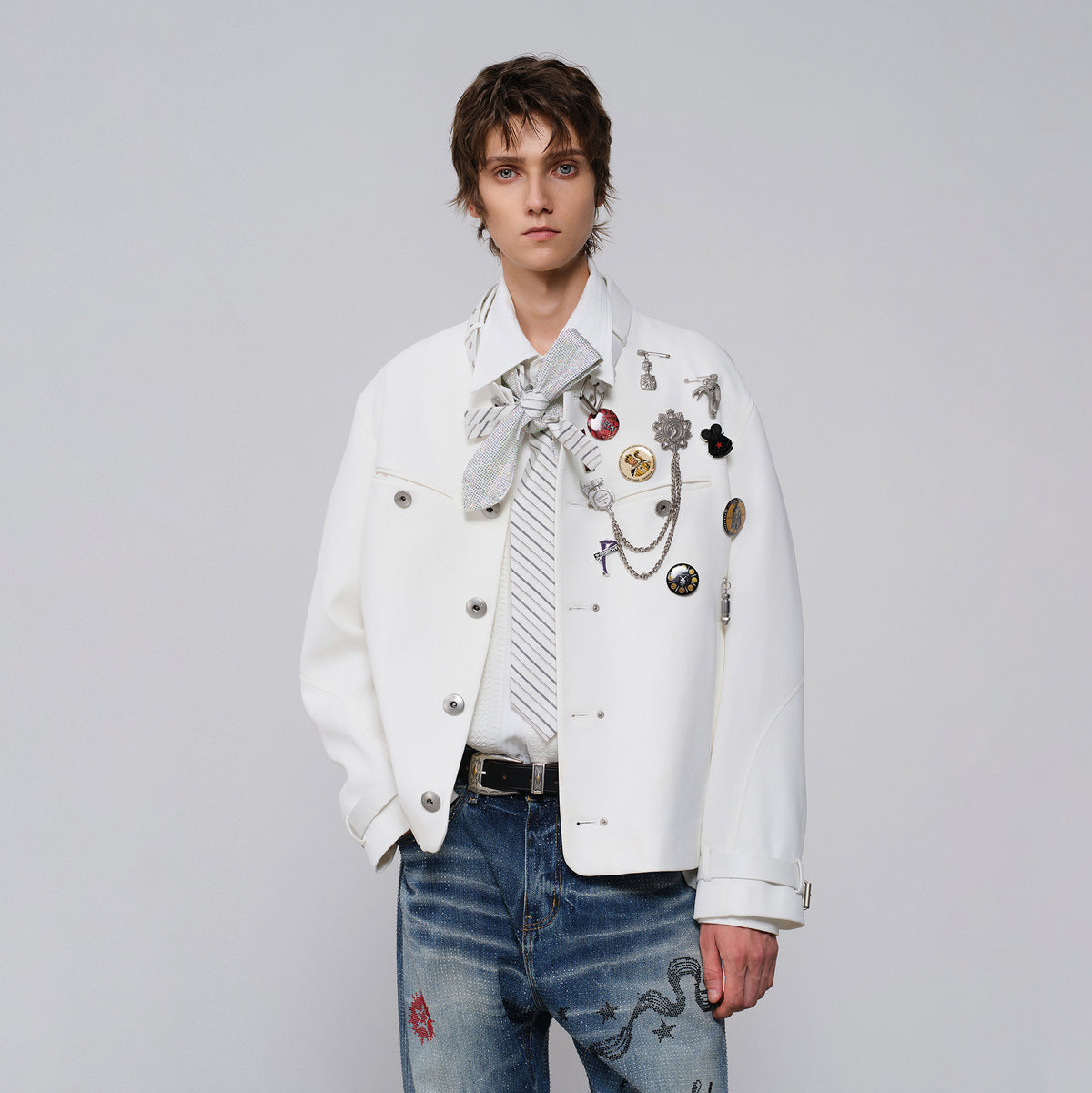 FACEONLAB Leather-Collar Medal Embellished Jacket