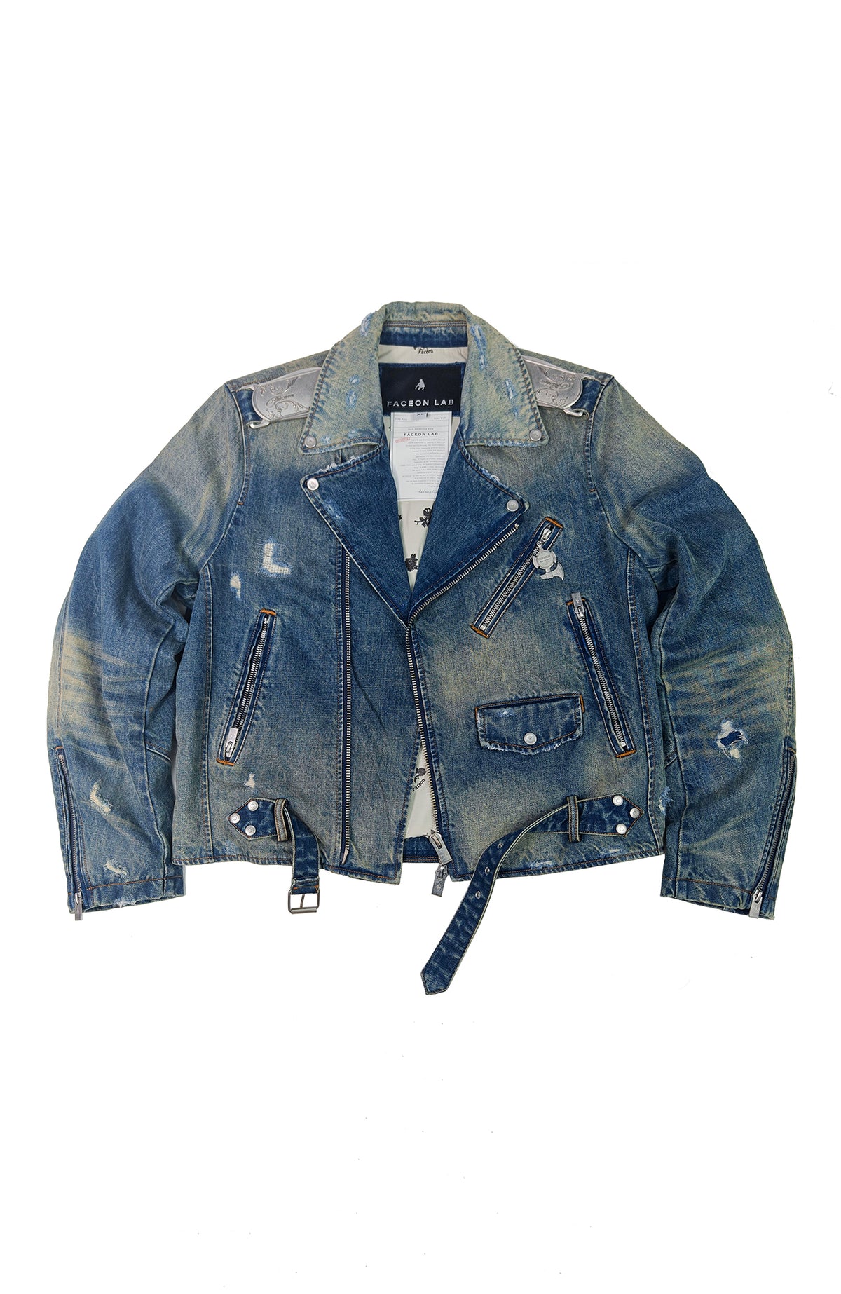 FACEONLAB Metal Epaulette Washed Biker Jacket