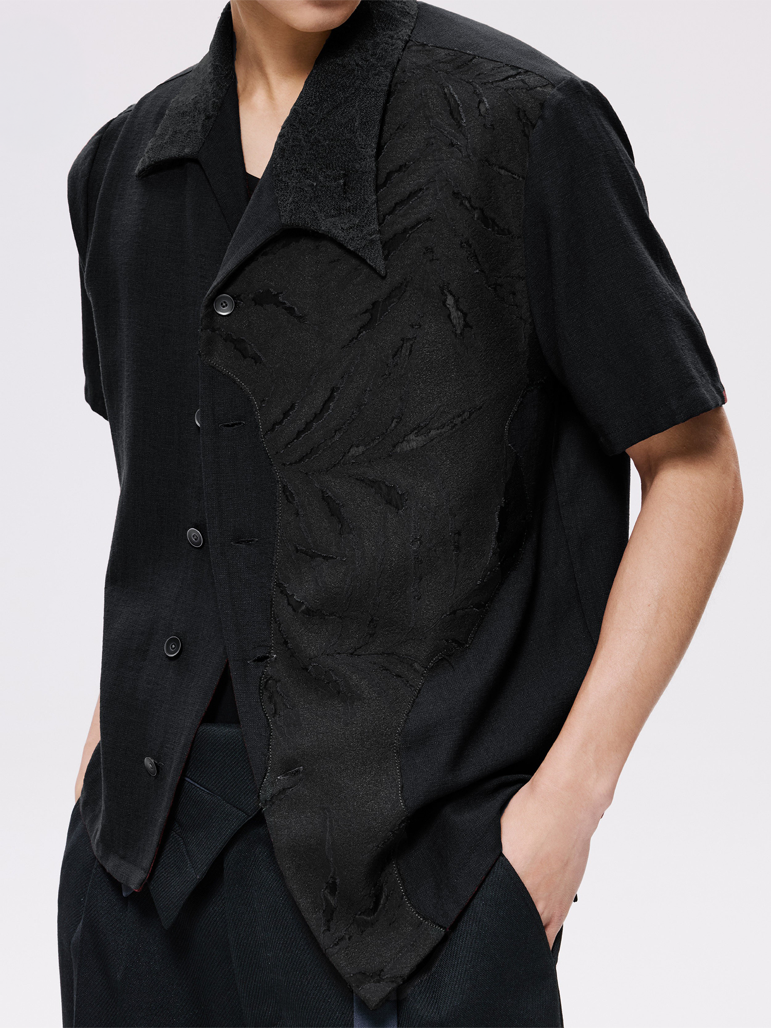 ALVNG AR ANTS Burnout Linen-Blend Asymmetrical Spliced Half Shirt