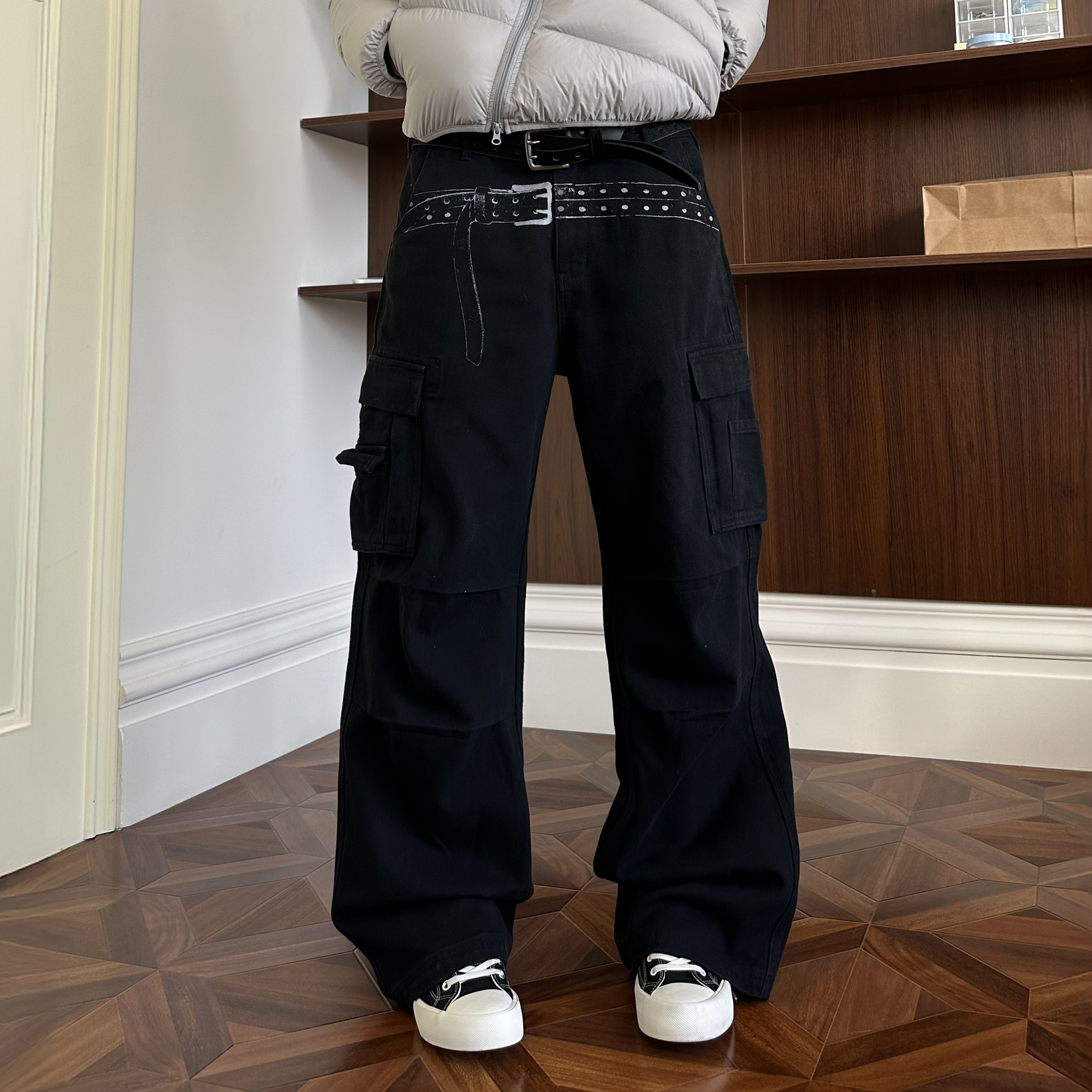 KREATE Washed Belt Graphic Crinkled Cargo Pants