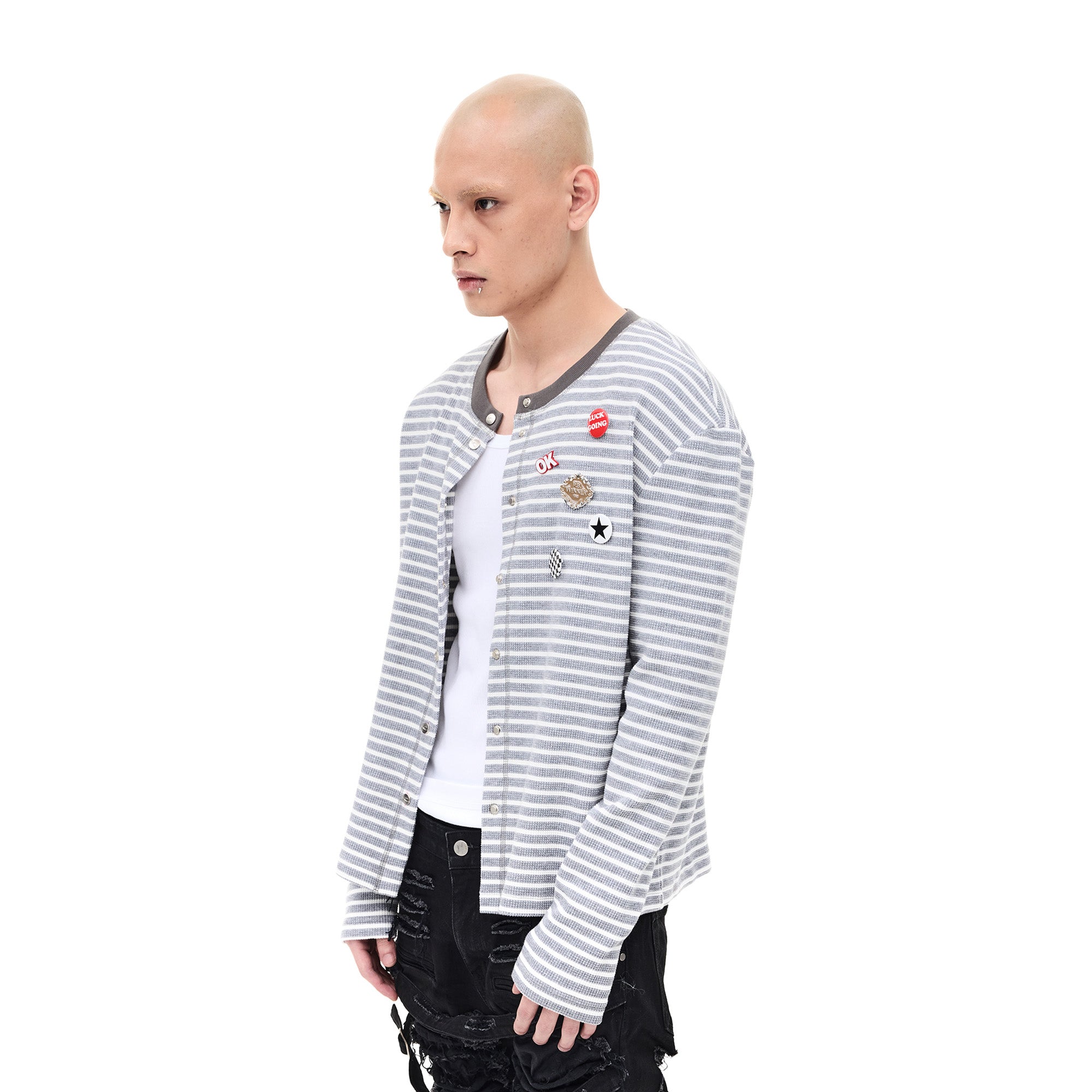 WHISTLEHUNTER Striped Badge Snap Slim Cardigan, premium urban and streetwear designers apparel on PROJECTISR.com, WHISTLEHUNTER
