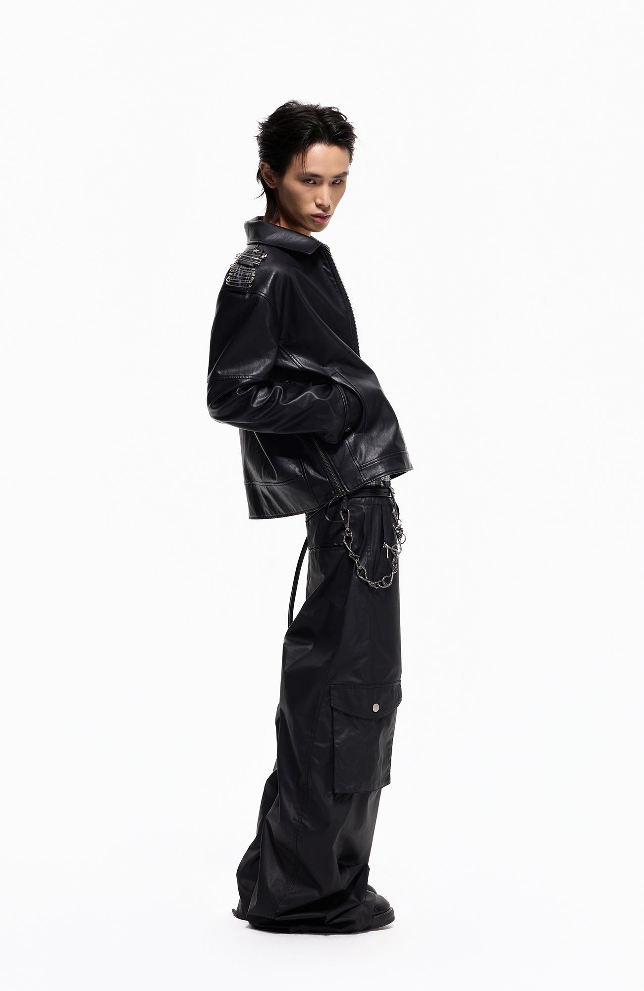 2000RSK Pin-Shoulder Faux Leather Biker Jacket