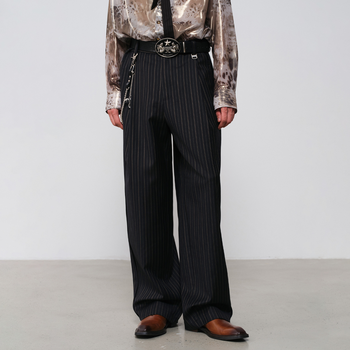 FACEONLAB Striped Wool-Blend Wide-Leg Trousers