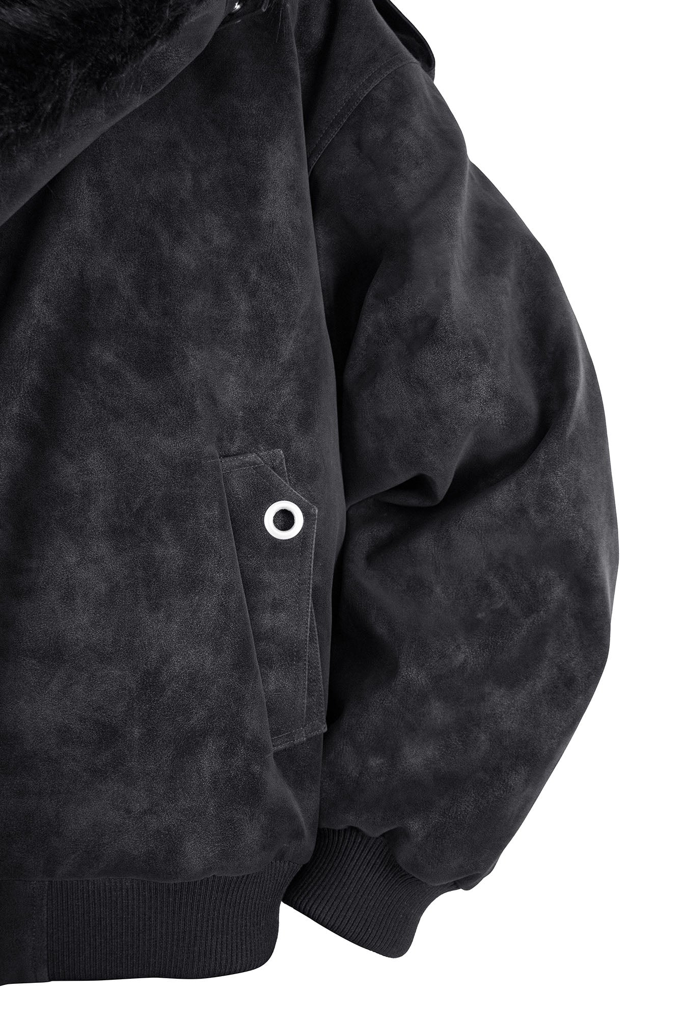 RELABEL Detachable Plush Scarf Hooded Suede Jacket Black, premium urban and streetwear designers apparel on PROJECTISR.com, RELABEL