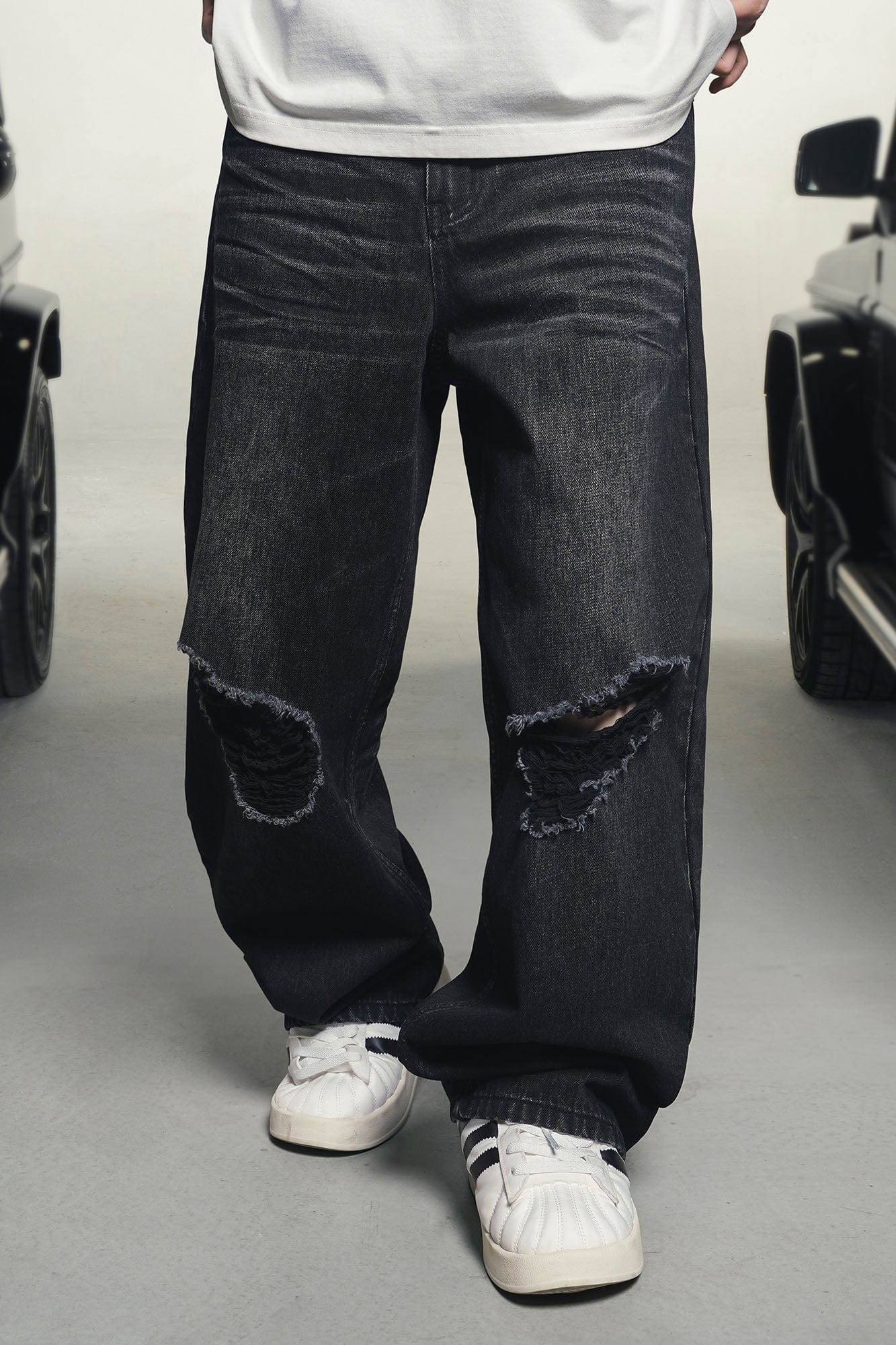 MAKEMORE Retro Washed Ripped Straight-Leg Jeans, premium urban and streetwear designers apparel on PROJECTISR.com, MAKEMORE